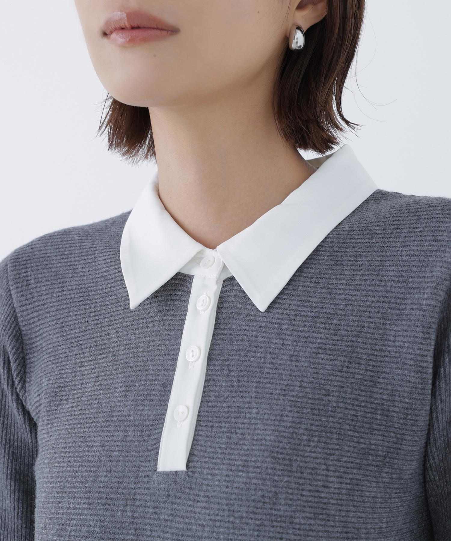 シャツカラーミニニットワンピース ウォームグレー