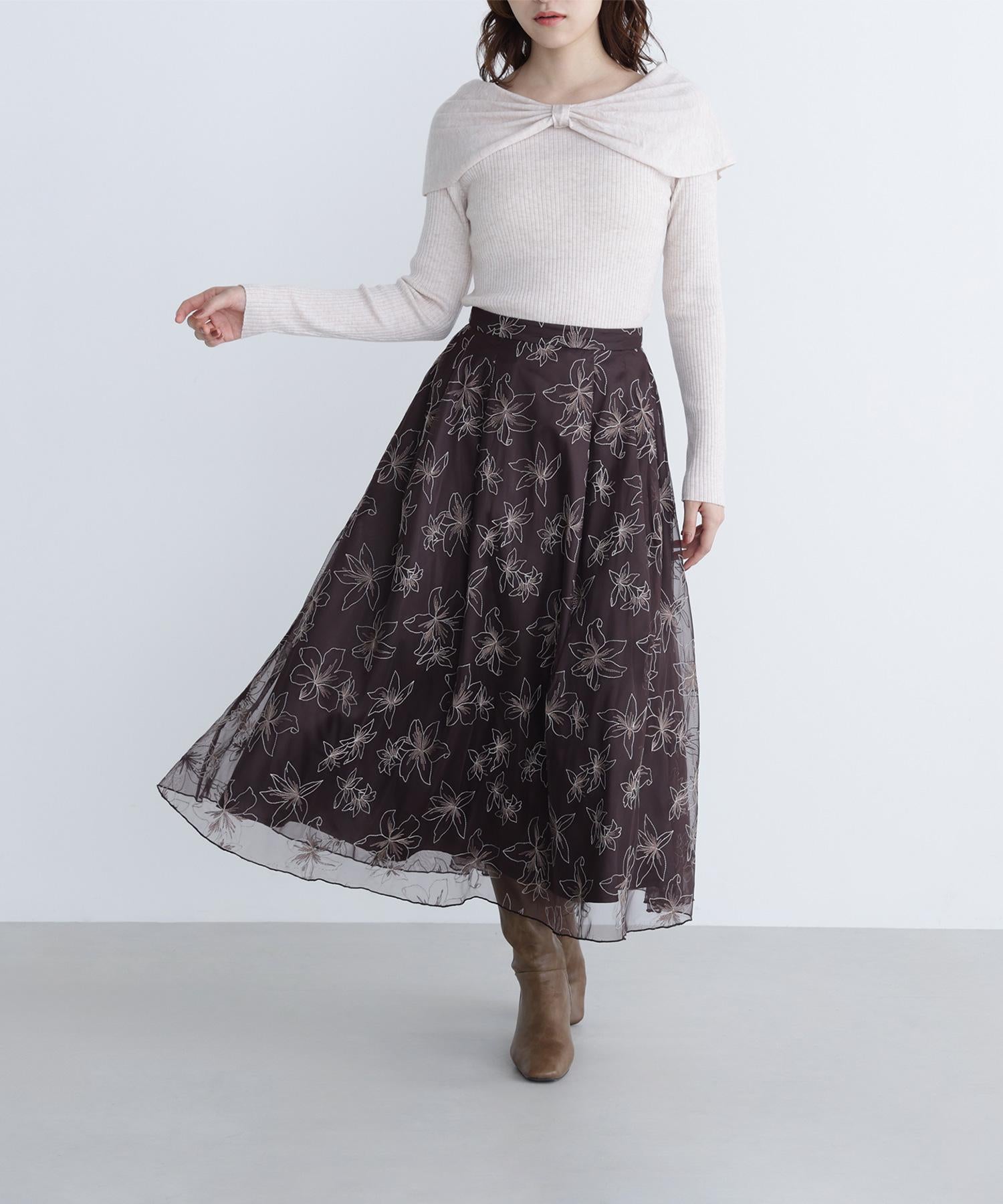 チュール刺繍フレアスカート ブラウン系2