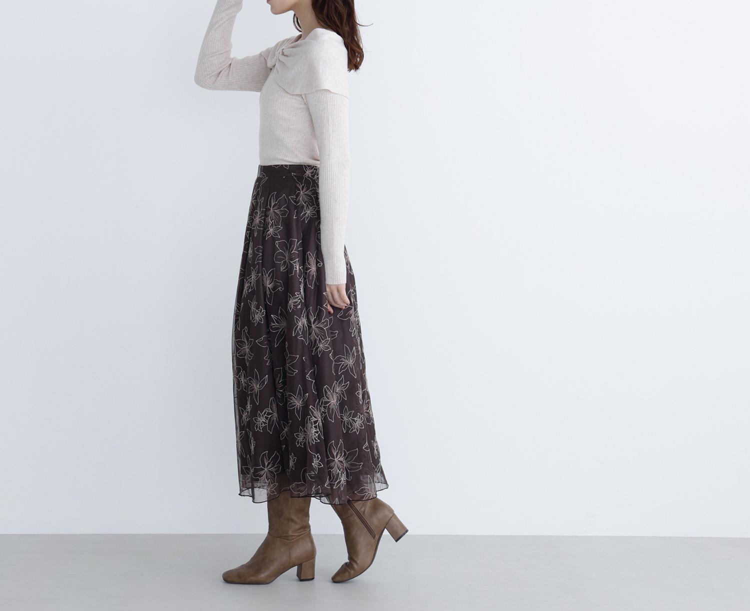 チュール刺繍フレアスカート ブラウン系2