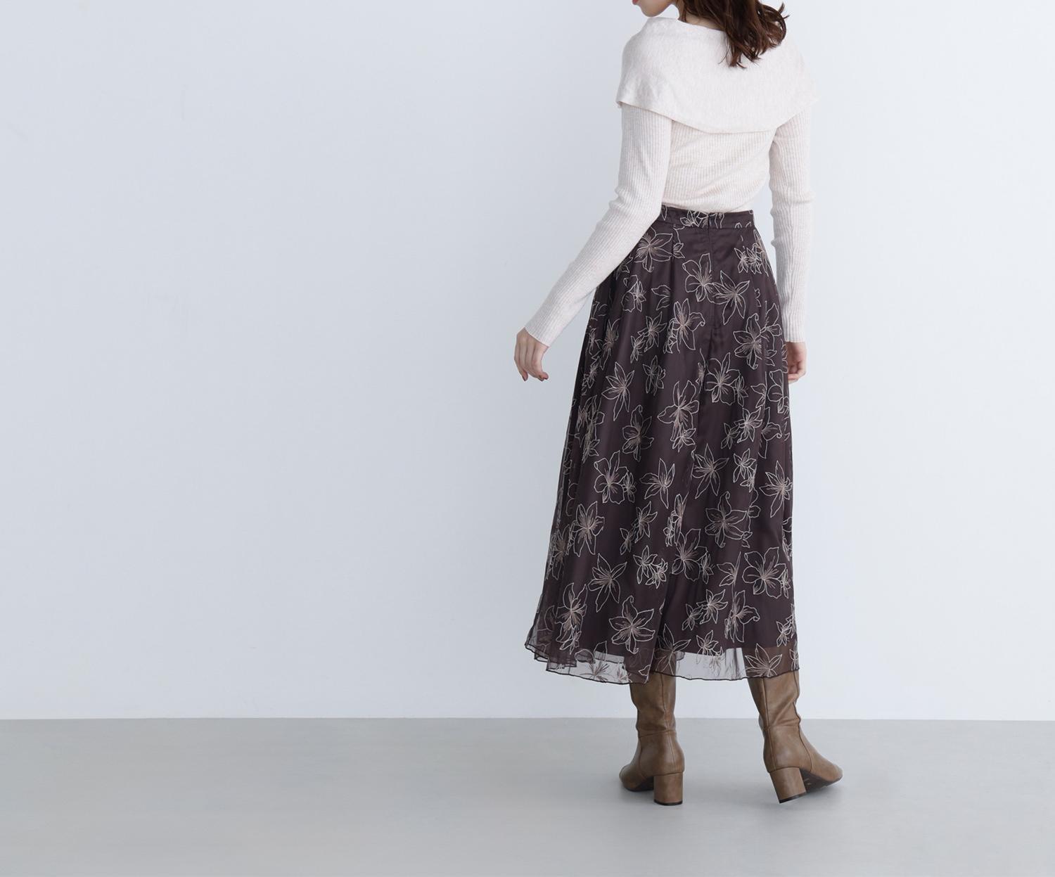 チュール刺繍フレアスカート ブラウン系2