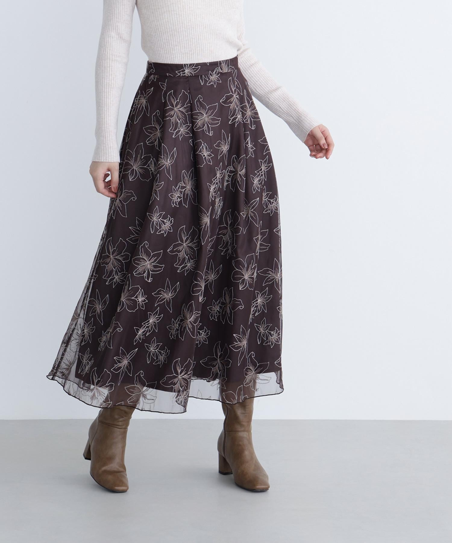 チュール刺繍フレアスカート ブラウン系2