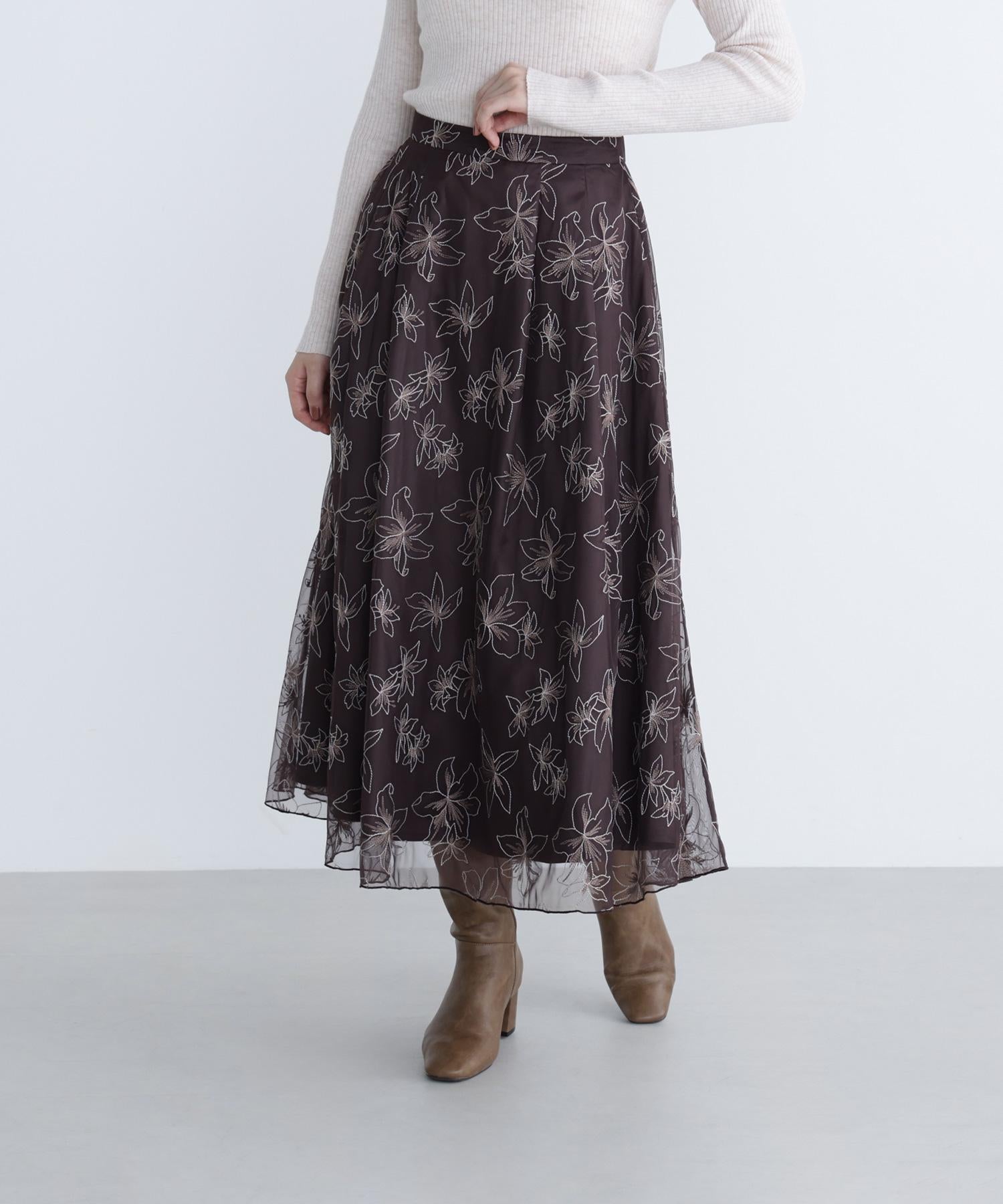チュール刺繍フレアスカート ブラウン系2