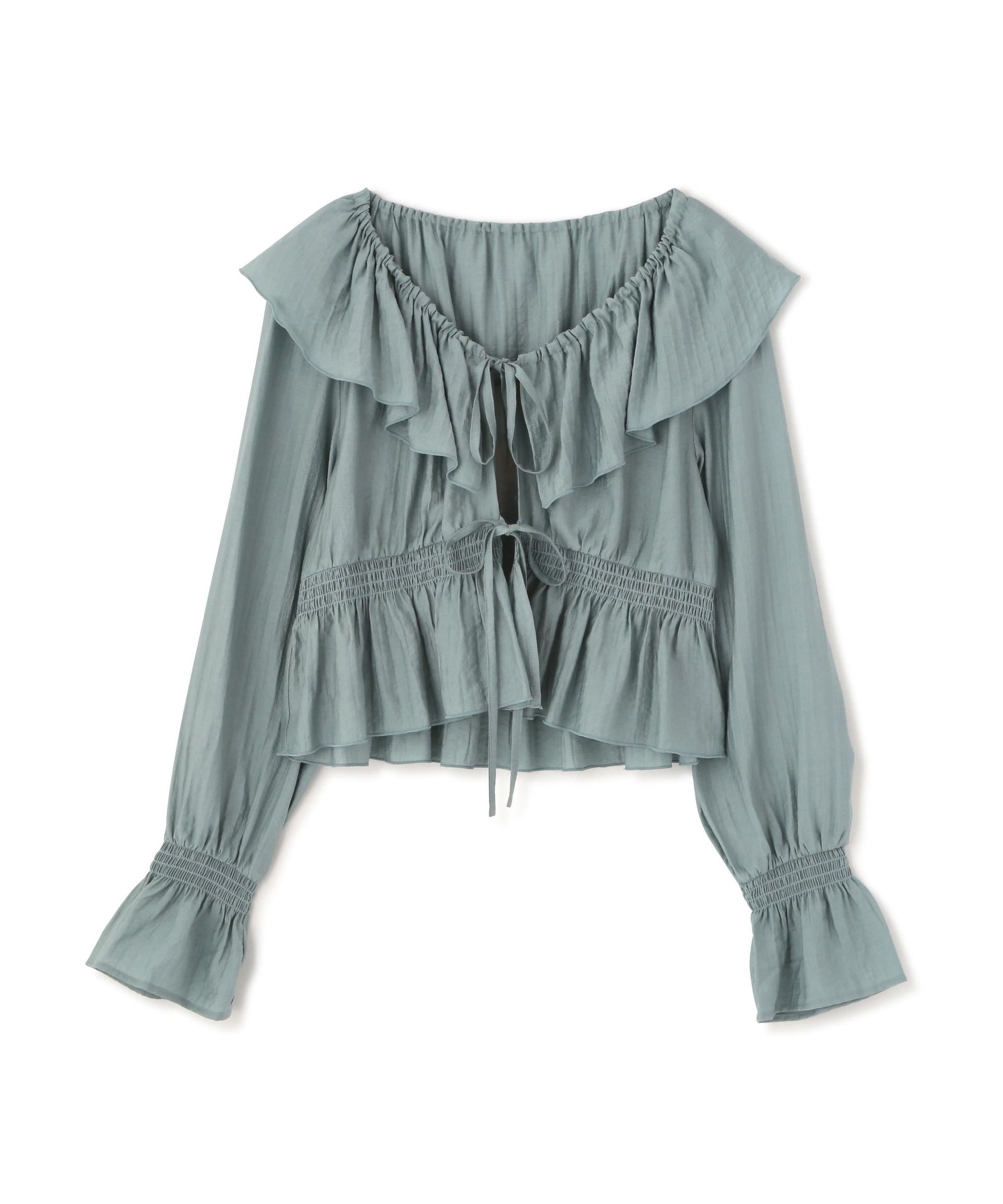 衿フリルペプラム前開きブラウス ライトブルー