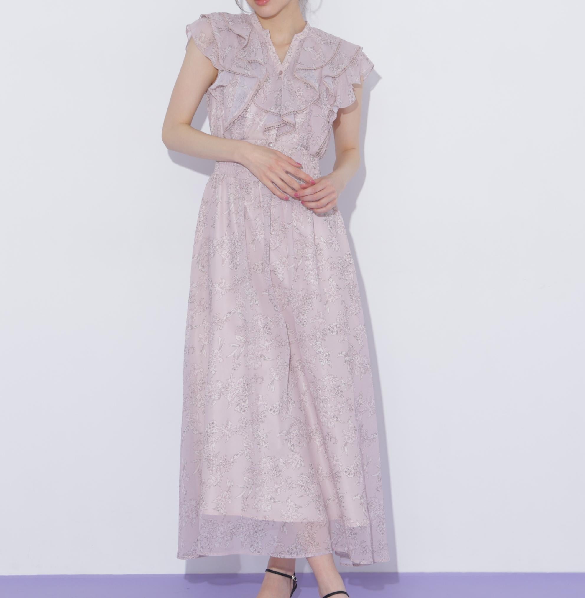 フラワープリントラッフルワンピース ピンク1