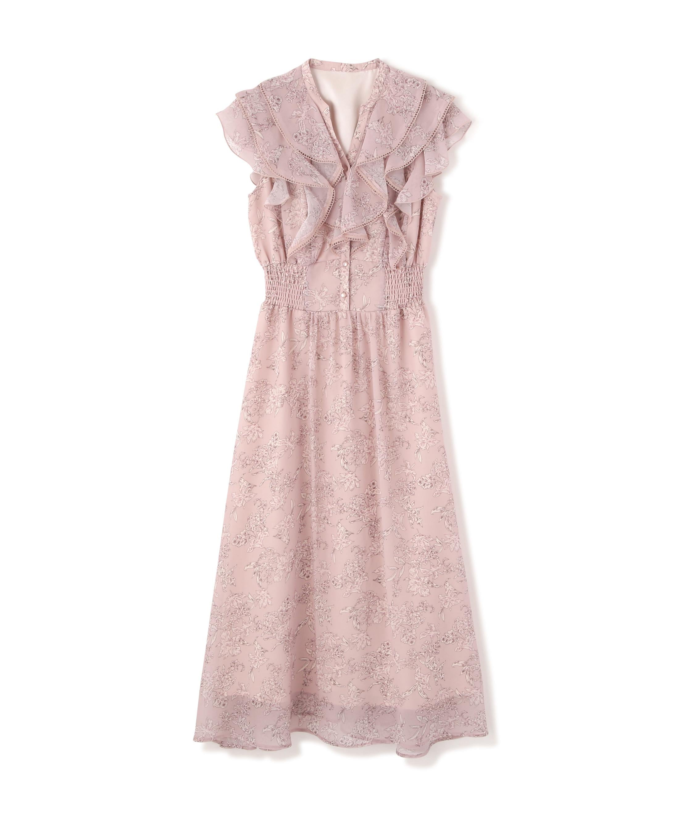 フラワープリントラッフルワンピース ピンク1