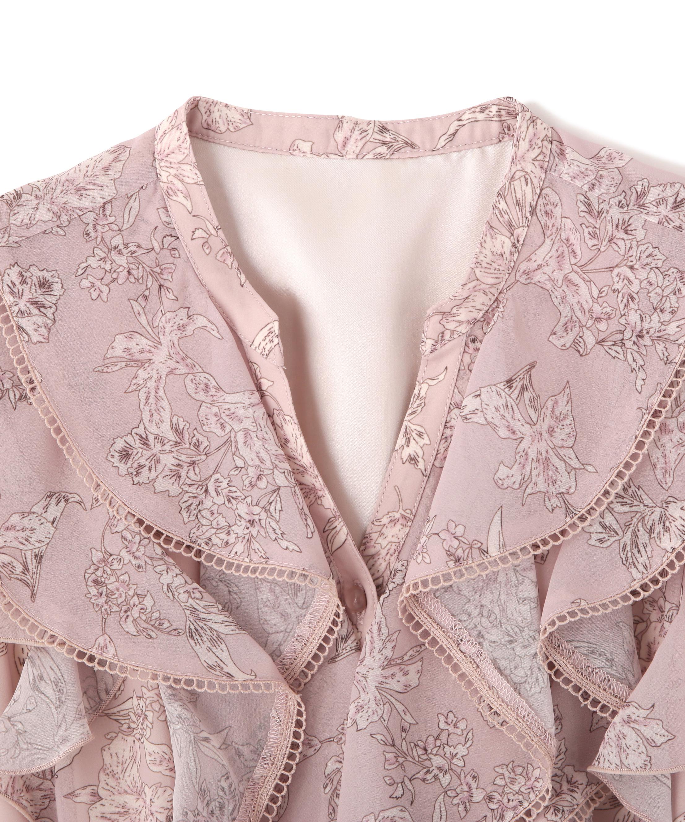 フラワープリントラッフルワンピース ピンク1