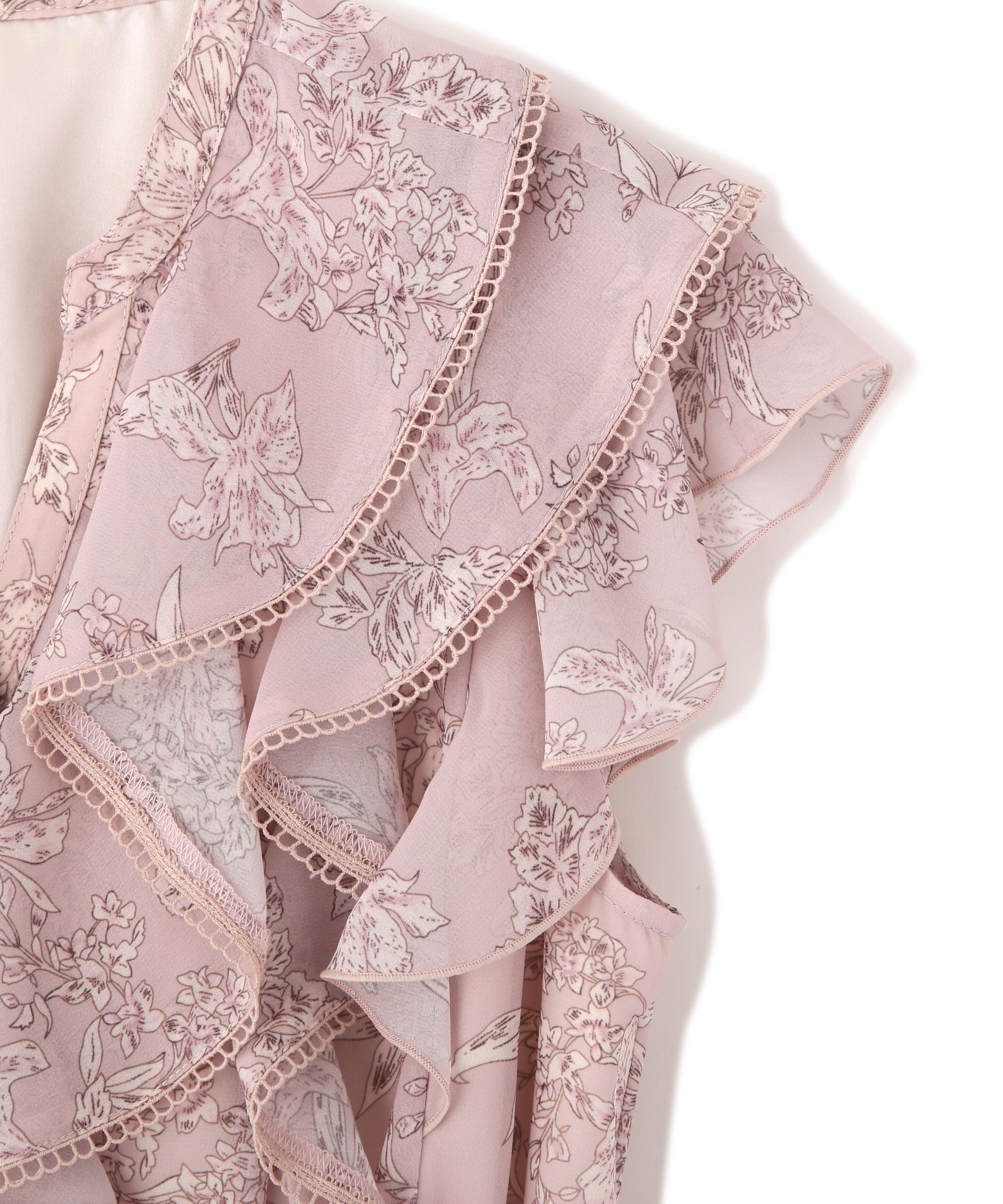 フラワープリントラッフルワンピース ピンク1