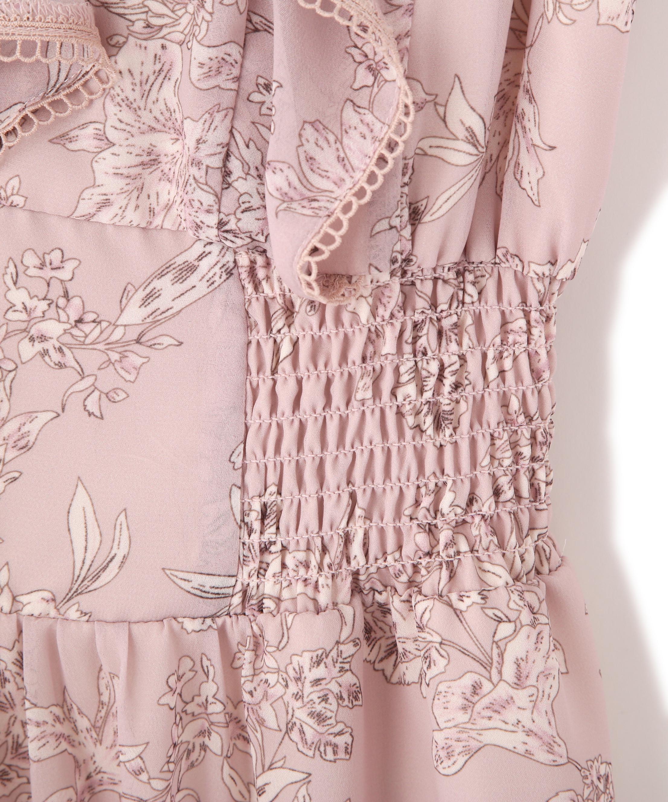 フラワープリントラッフルワンピース ピンク1