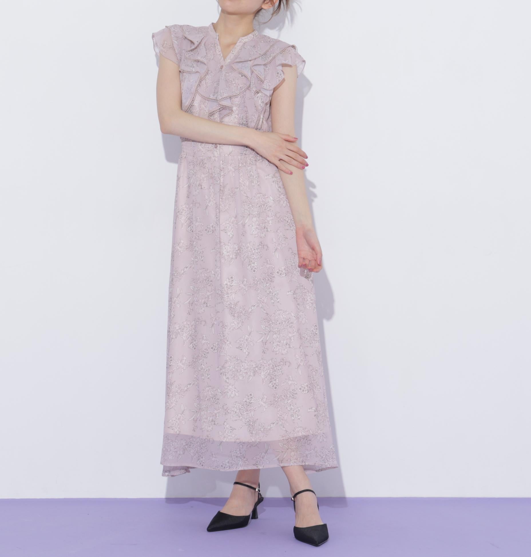 フラワープリントラッフルワンピース ピンク1