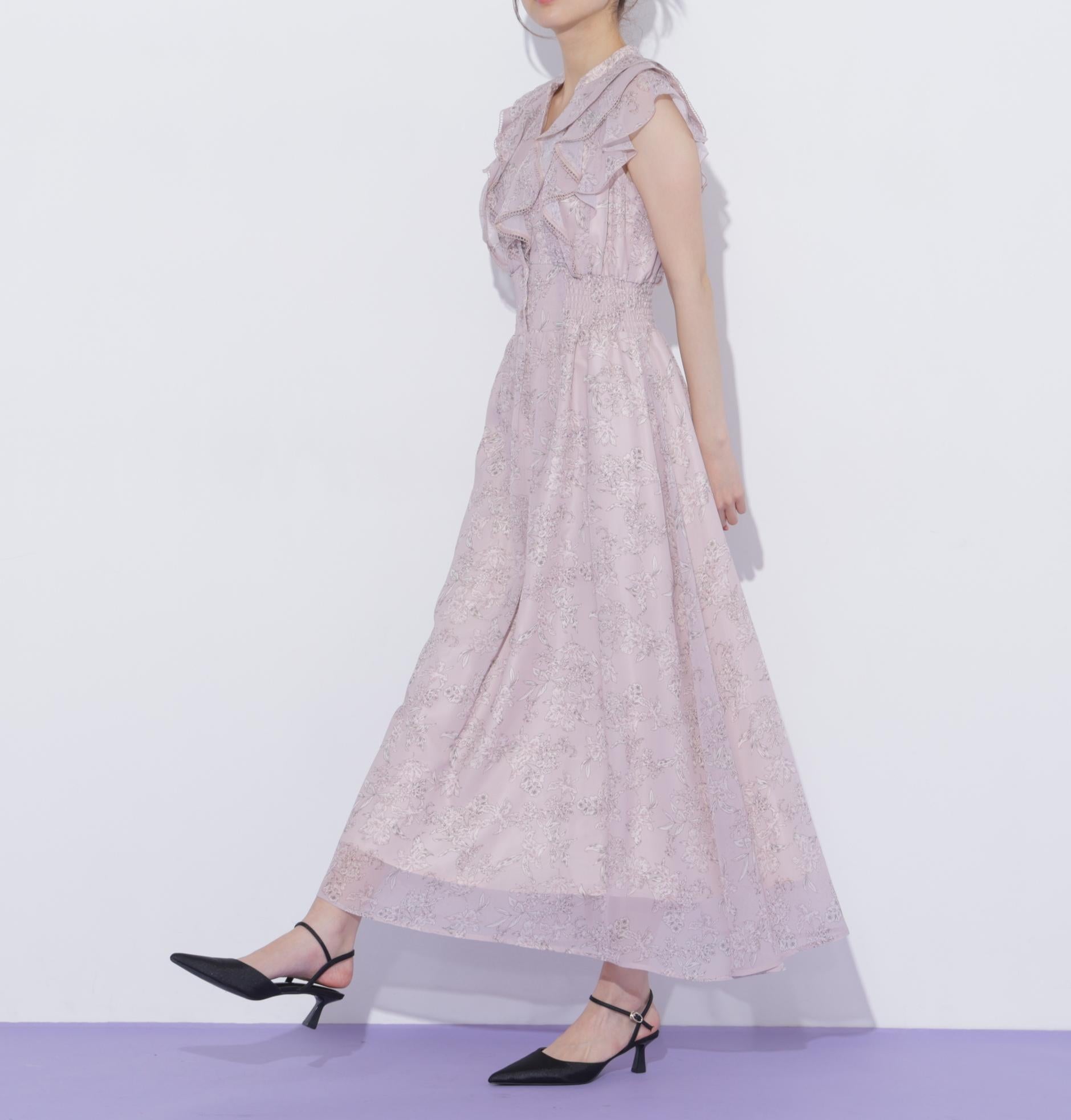 フラワープリントラッフルワンピース ピンク1