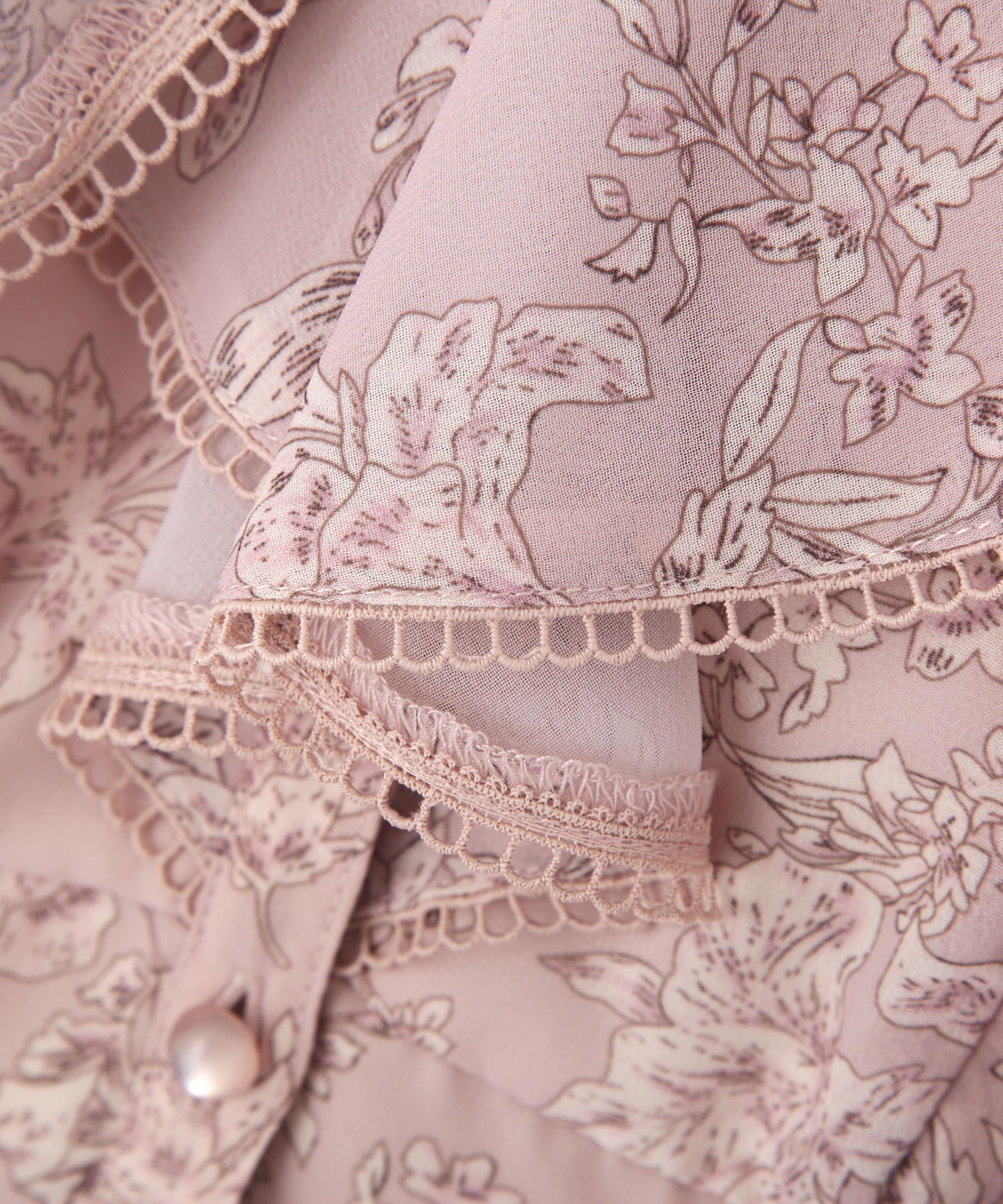 フラワープリントラッフルワンピース ピンク1