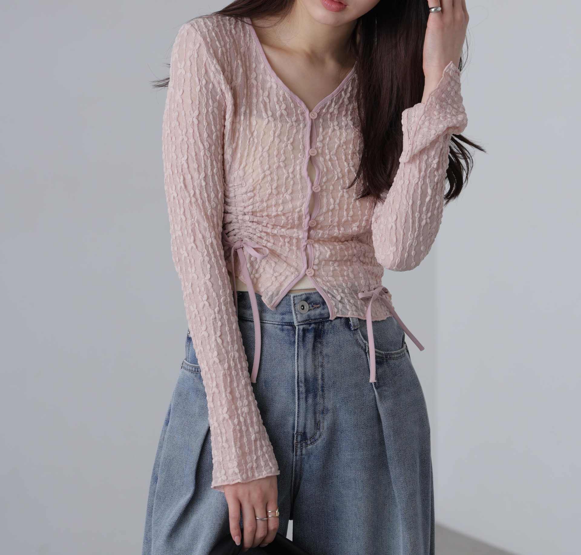 シアーレースドロストカーディガン ピンク