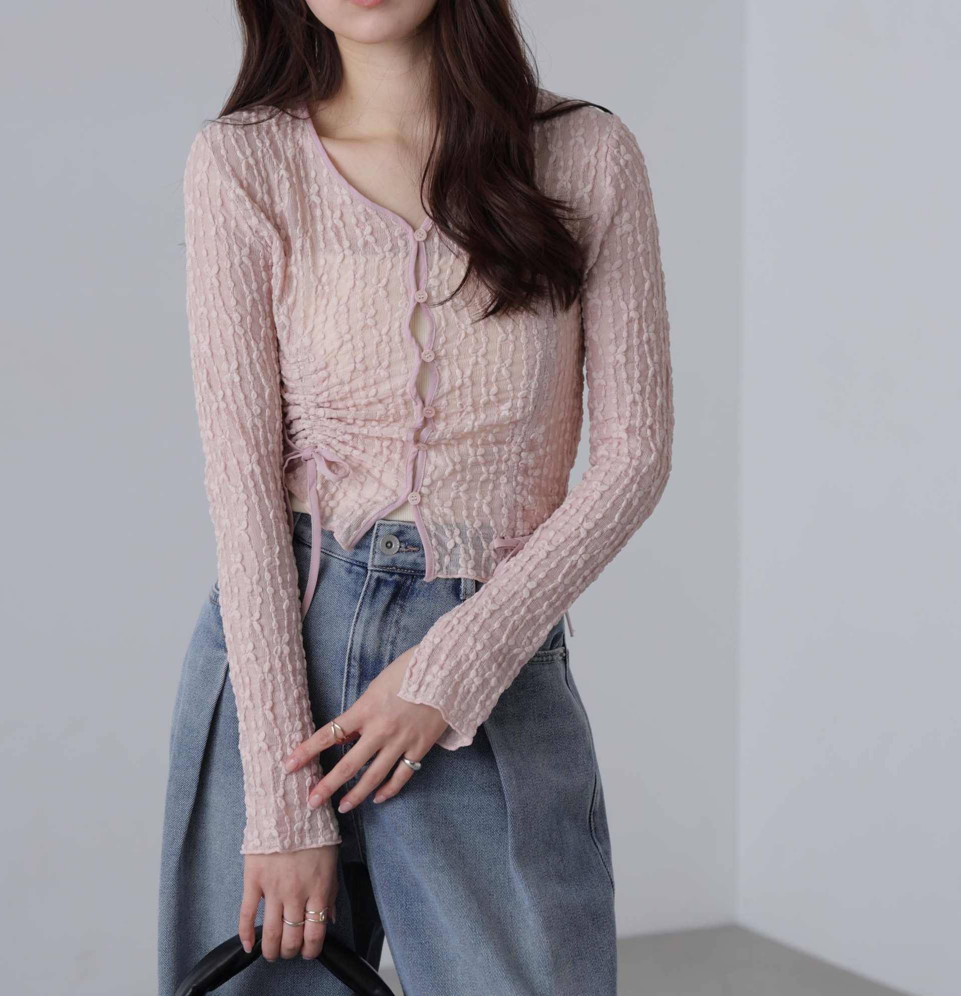 シアーレースドロストカーディガン ピンク