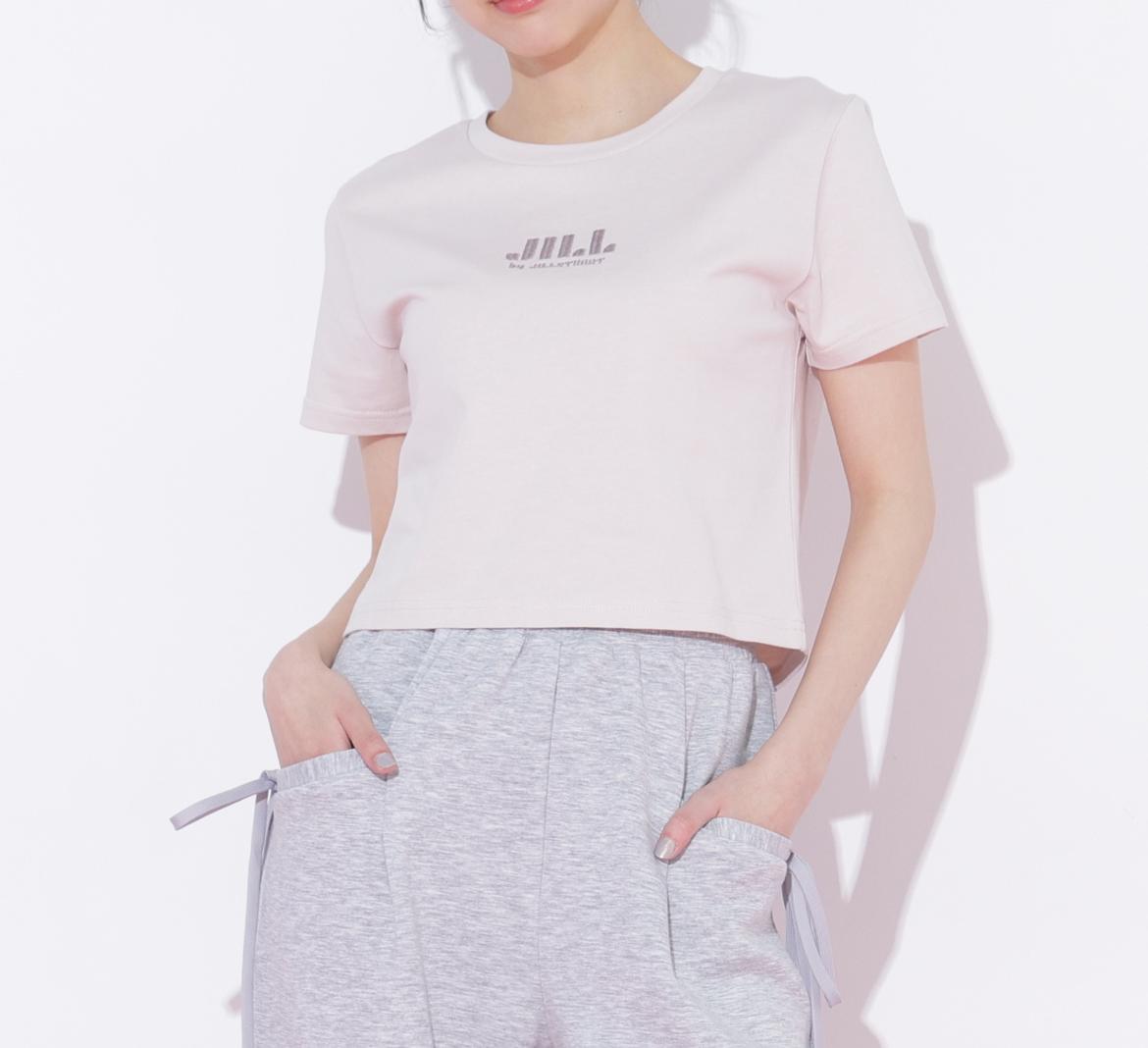 ショート丈刺繍ロゴTシャツオーガニックコットン ピンクモカ1