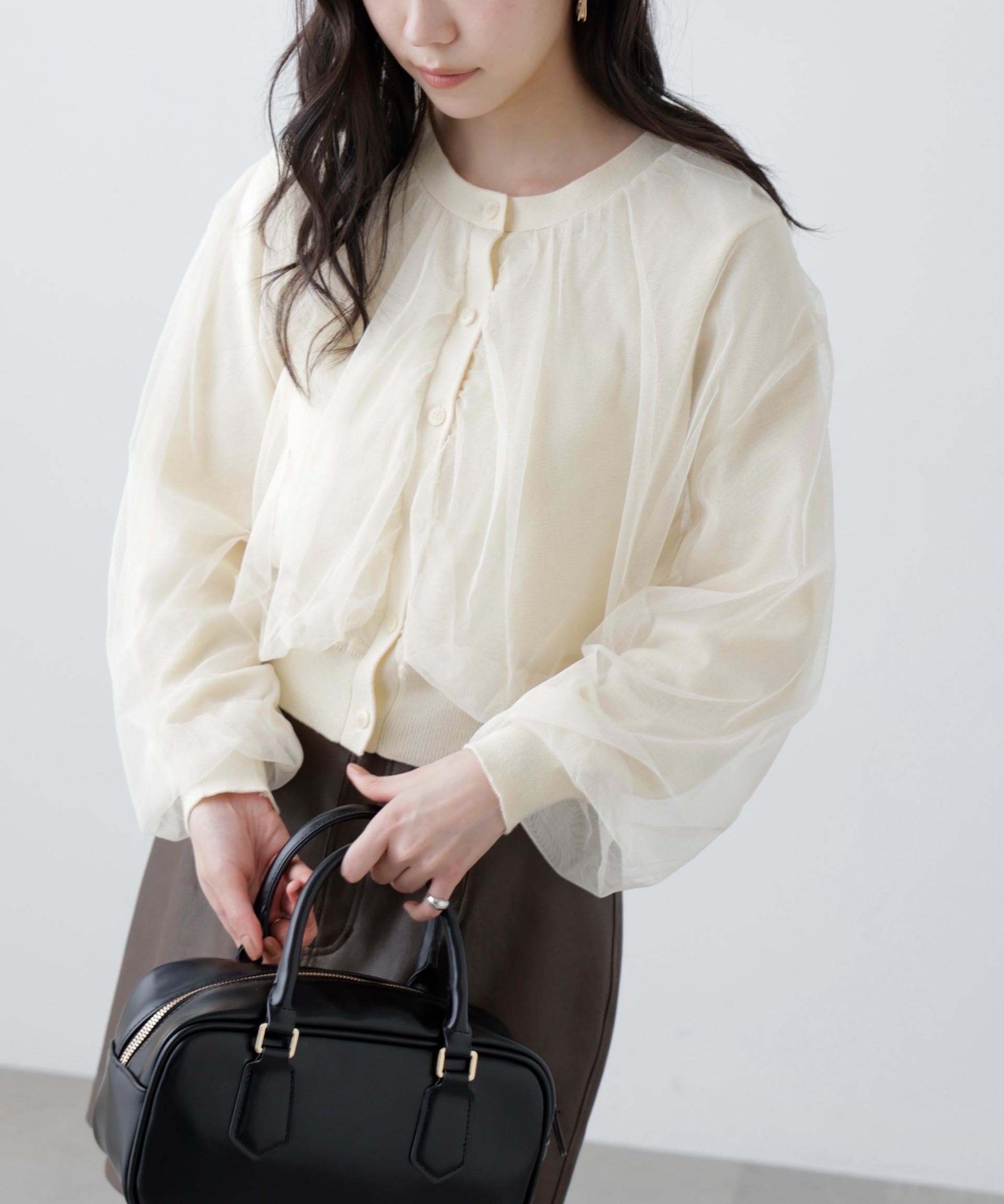 チュールレイヤードクルーネックニットカーディガン イエロー