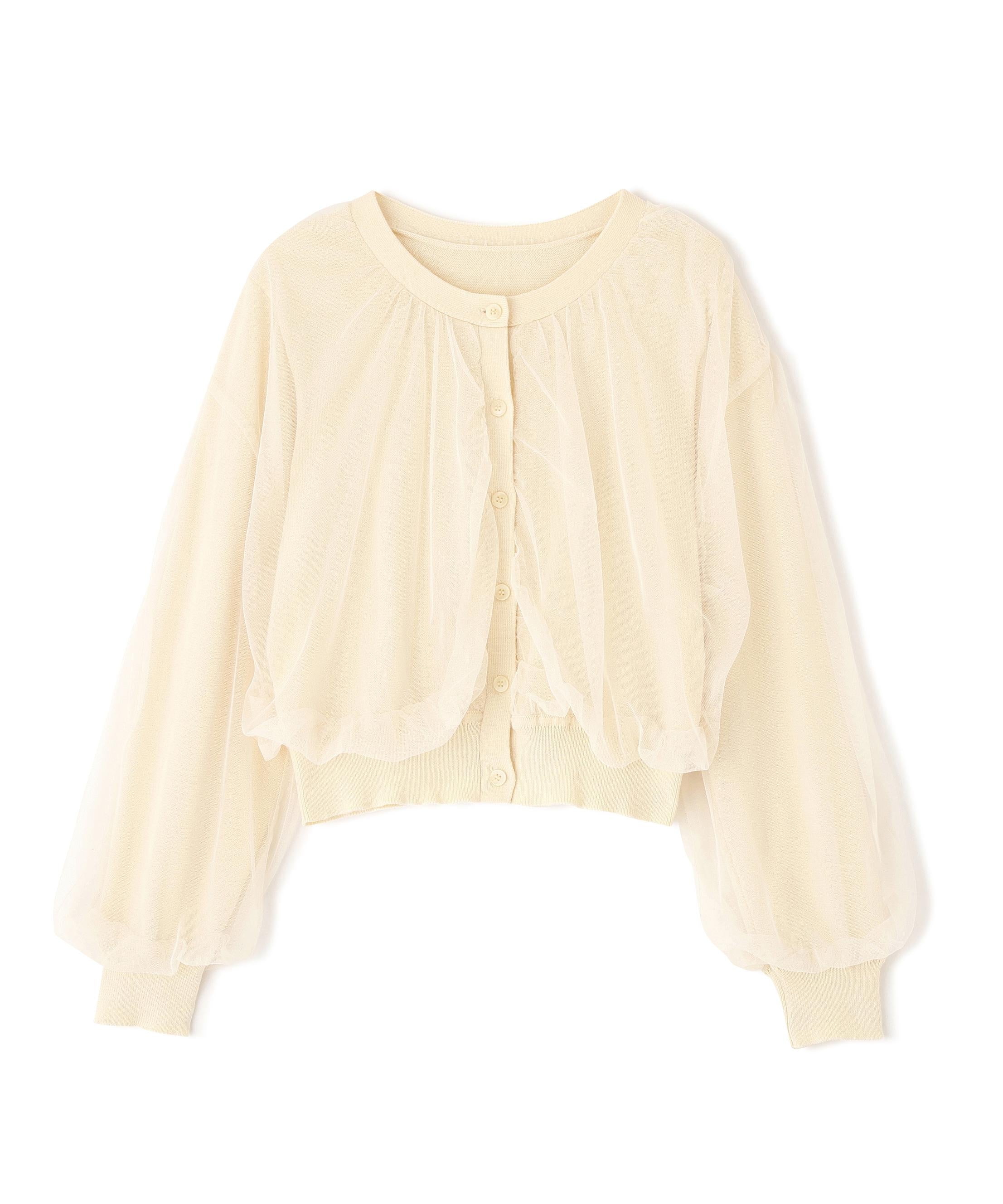 チュールレイヤードクルーネックニットカーディガン イエロー