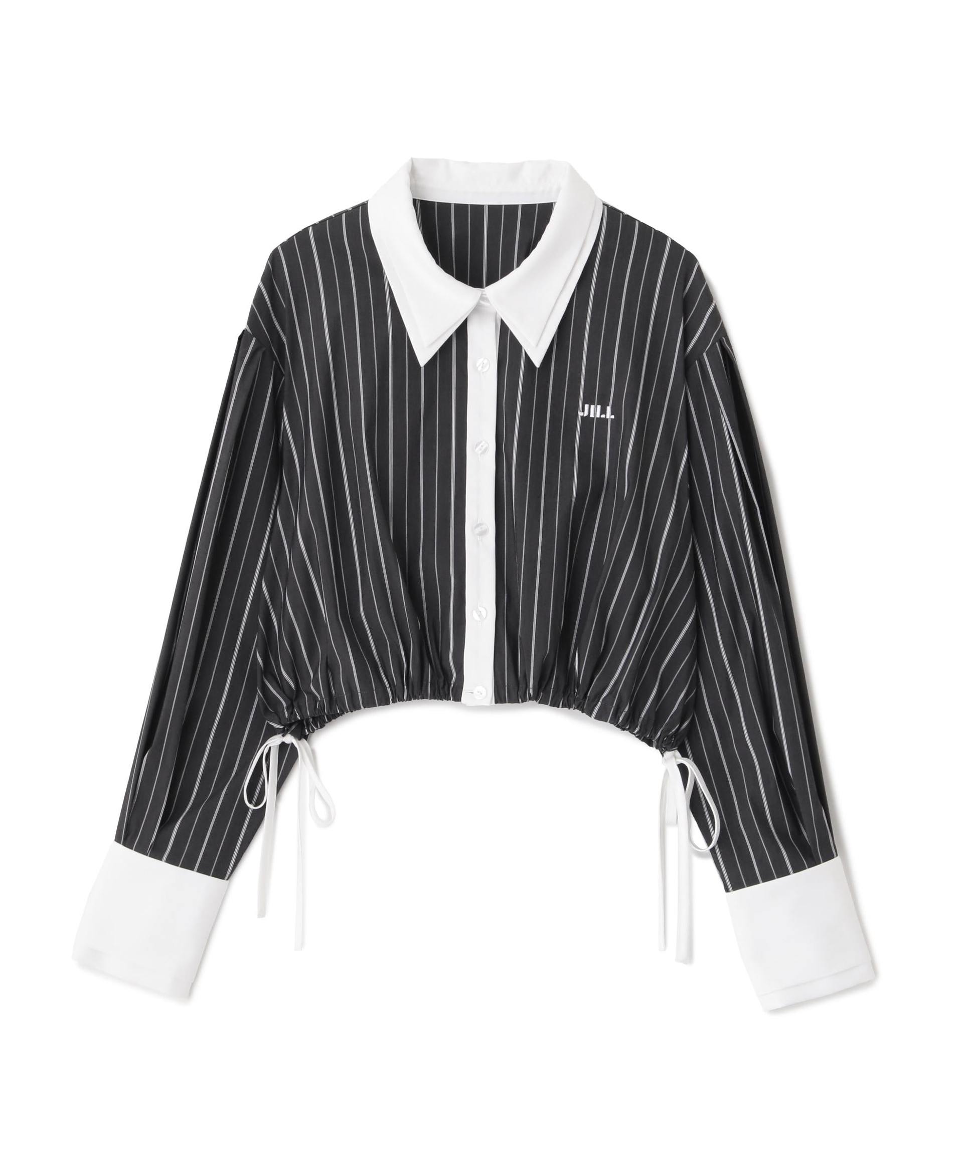 サイドリボンダブルカラーシャツ チャコールストライプ1