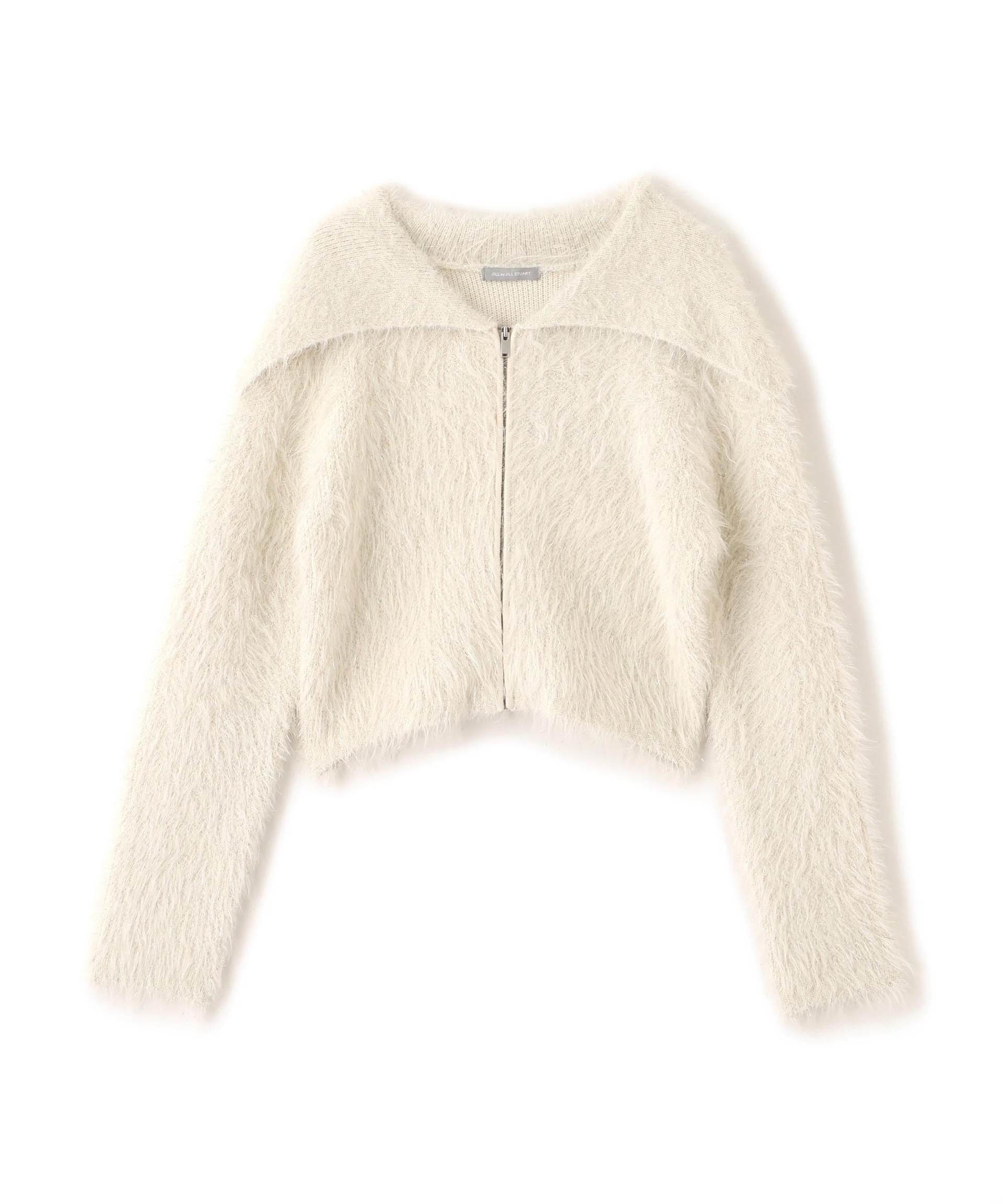 ラメフェザービッグカラーニットブルゾン ホワイト