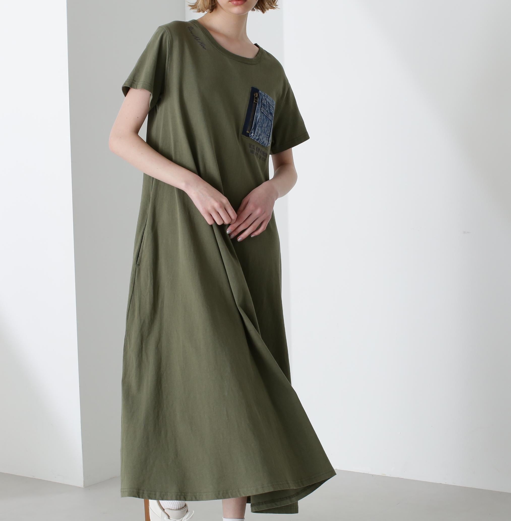 DENIM POCKET FLA>E ONEPICE/デニム ポケット フレア ワンピース オリーブ