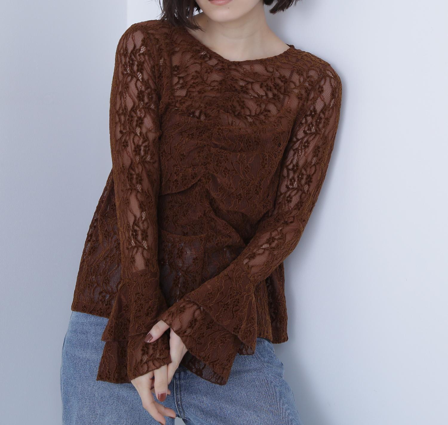 起毛レースフレアカフストップス ブラウン