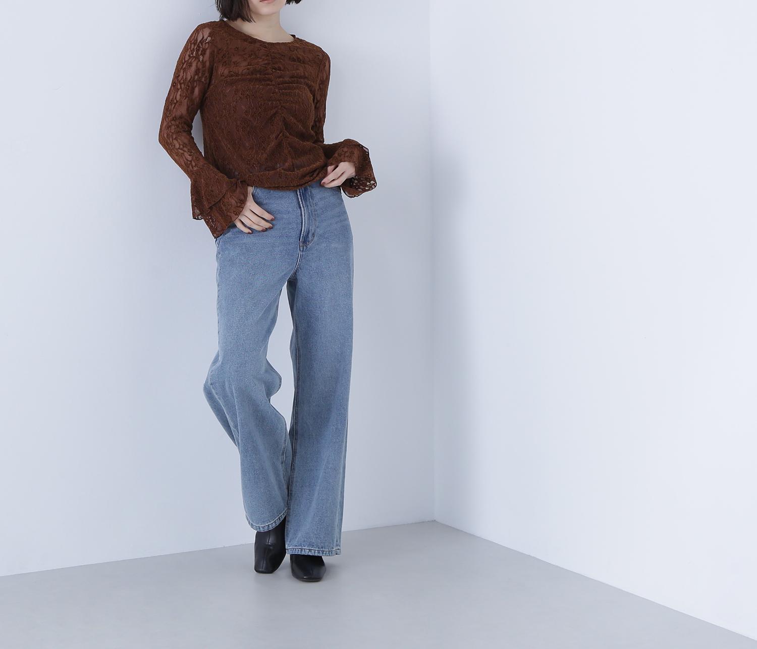 起毛レースフレアカフストップス ブラウン