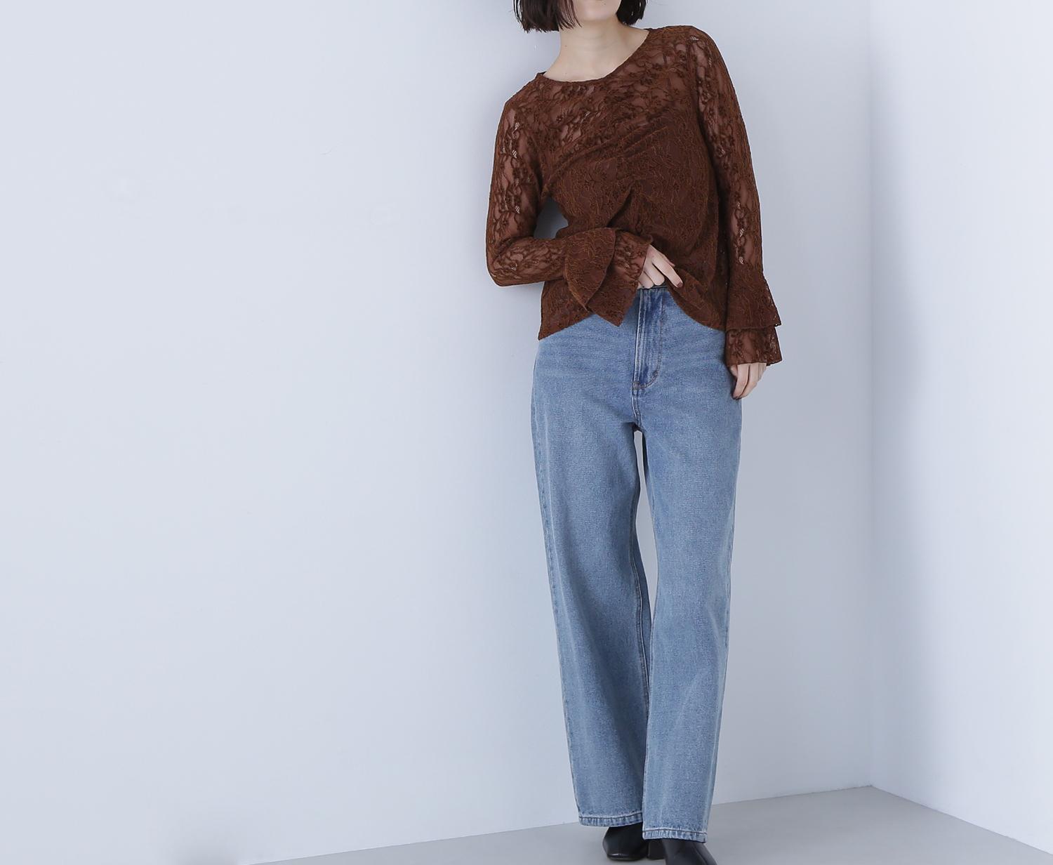 起毛レースフレアカフストップス ブラウン