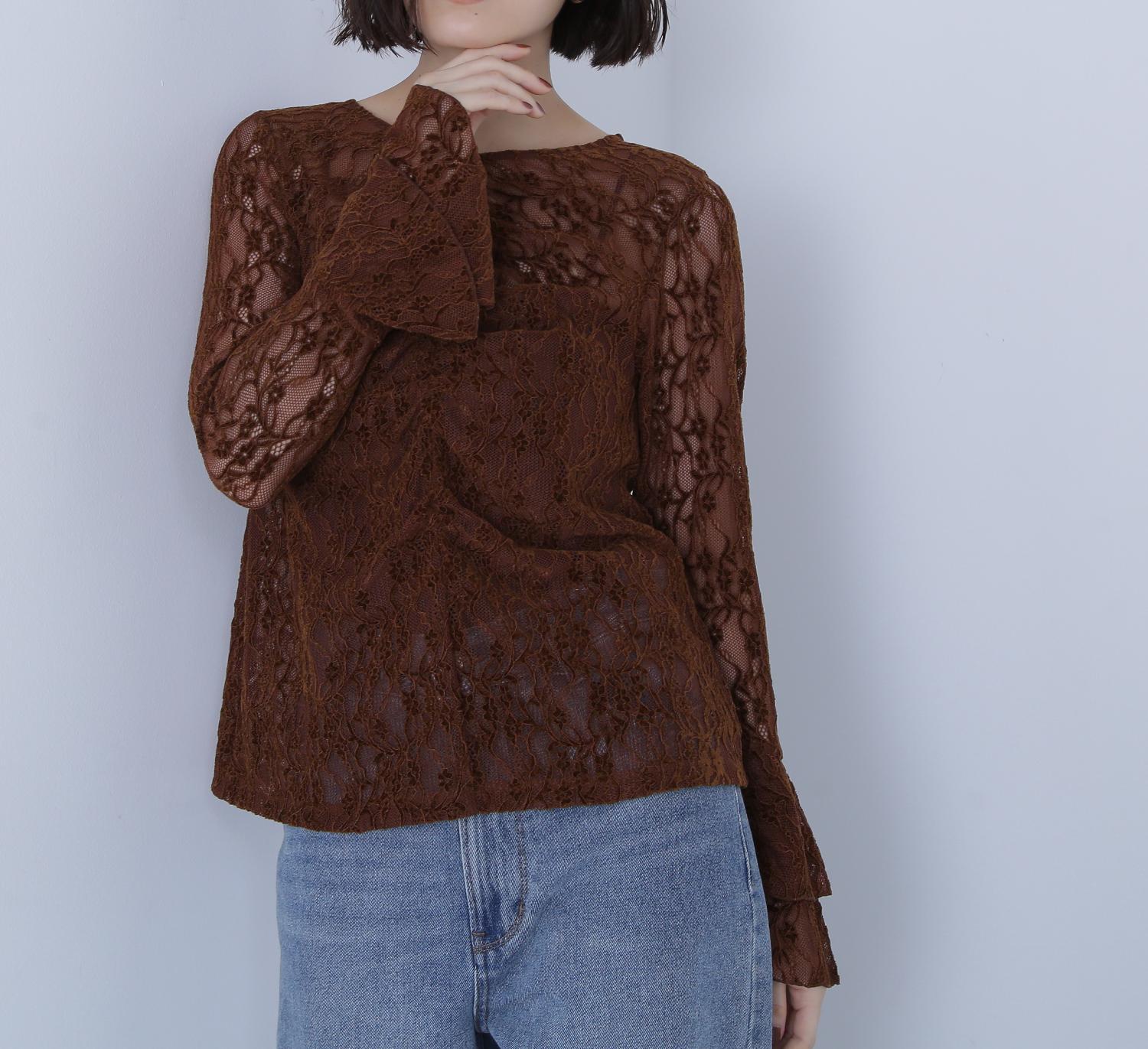 起毛レースフレアカフストップス ブラウン