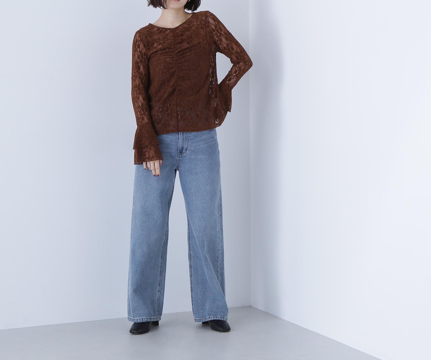 起毛レースフレアカフストップス ブラウン