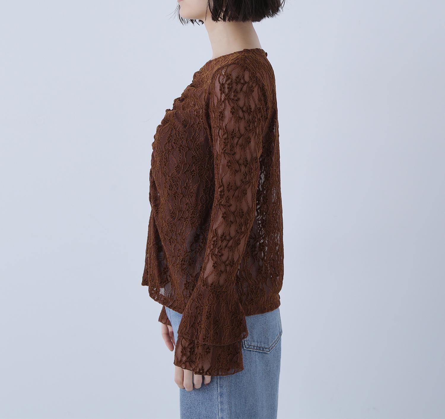 起毛レースフレアカフストップス ブラウン