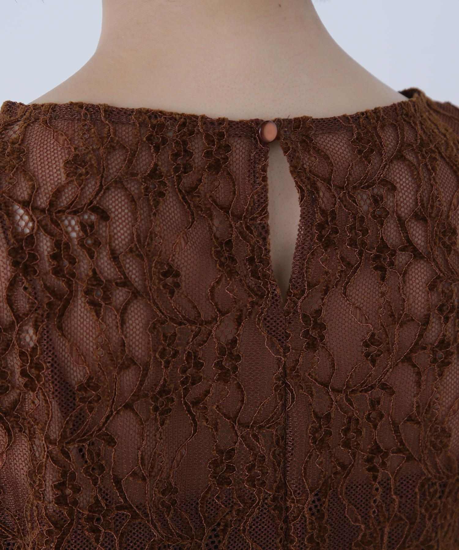 起毛レースフレアカフストップス ブラウン