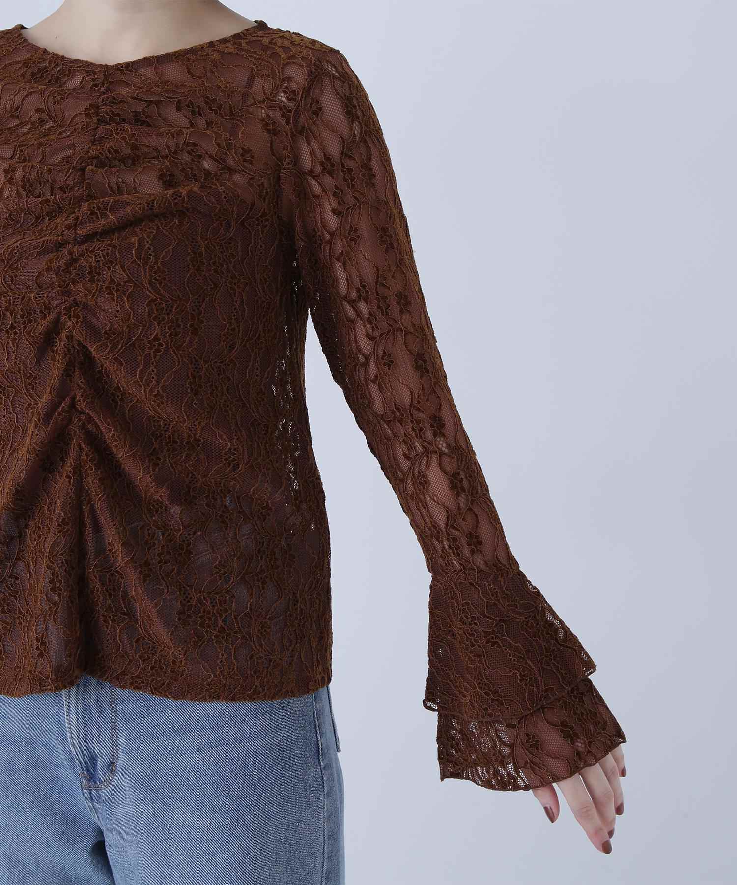 起毛レースフレアカフストップス ブラウン