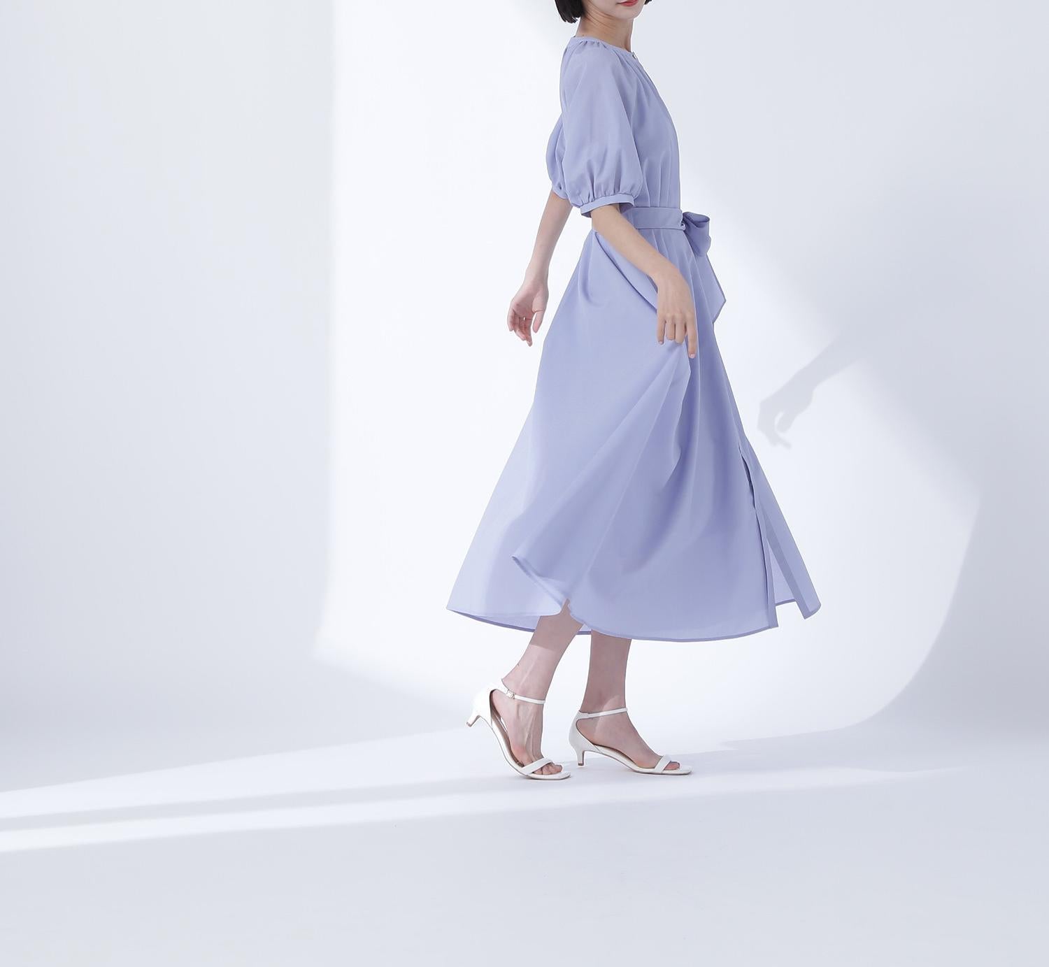 シアーベルテッドギャザーワンピース ブルー