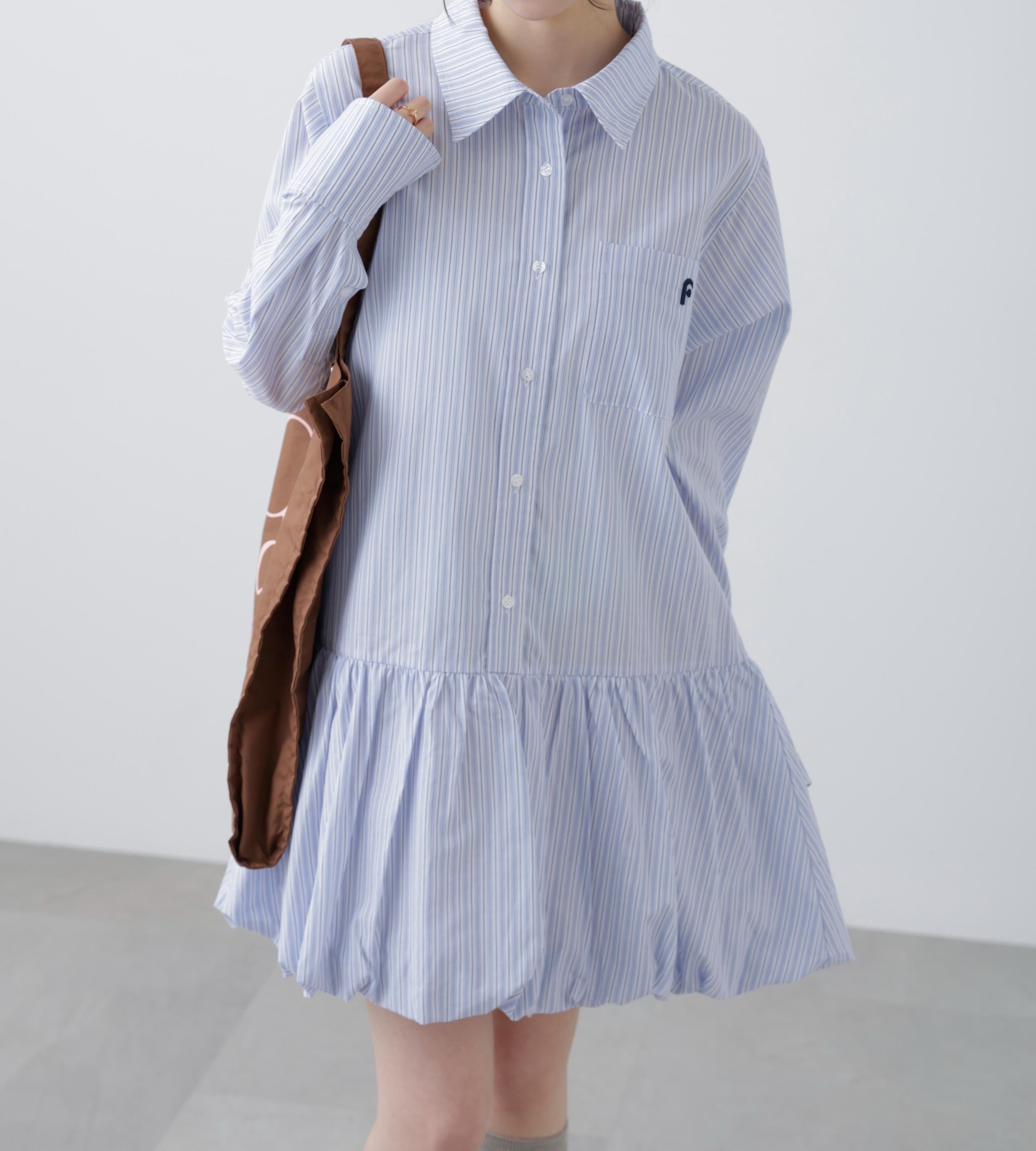 バルーンシャツミニワンピース ブルーストライプ1