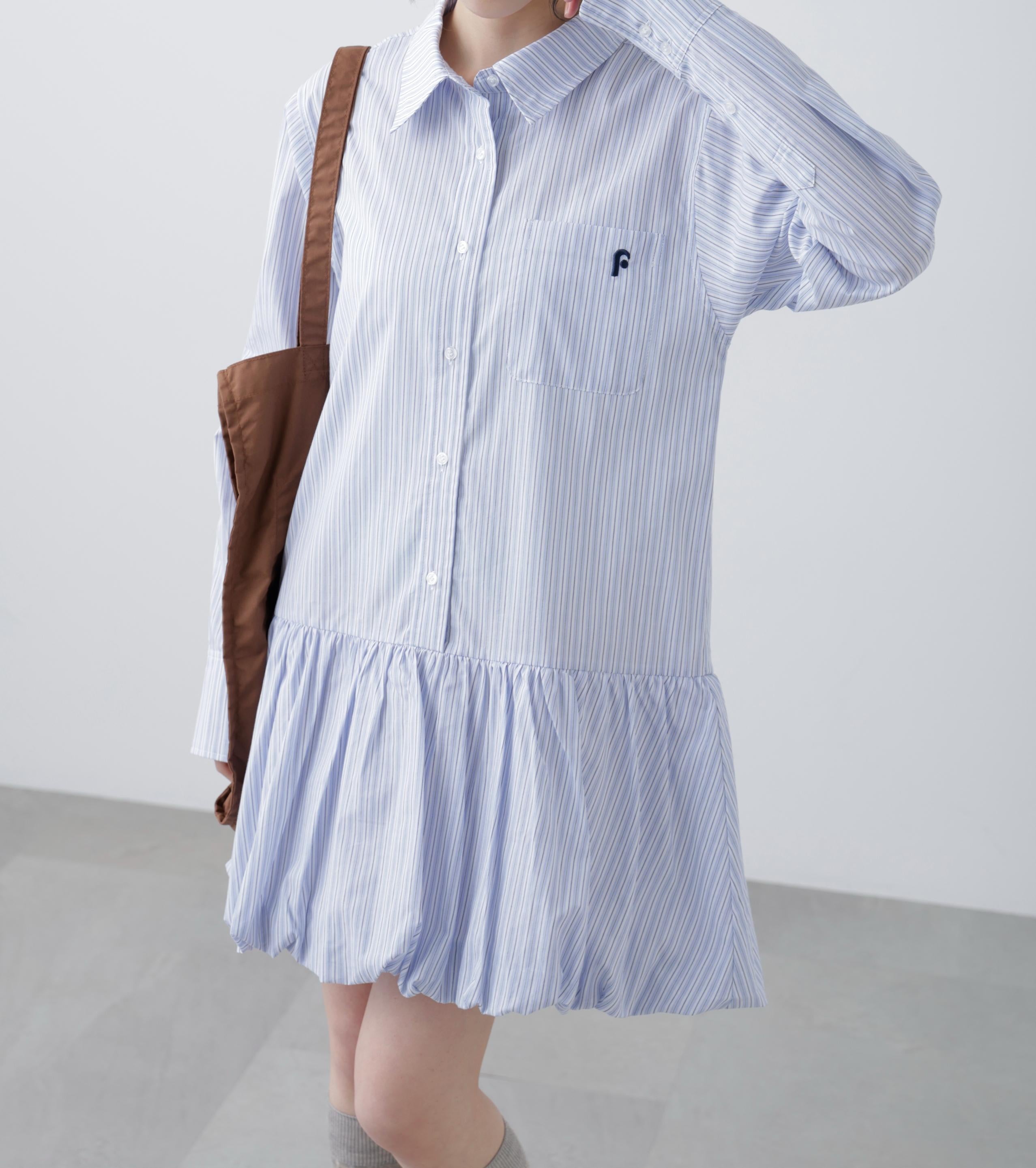 バルーンシャツミニワンピース ブルーストライプ1
