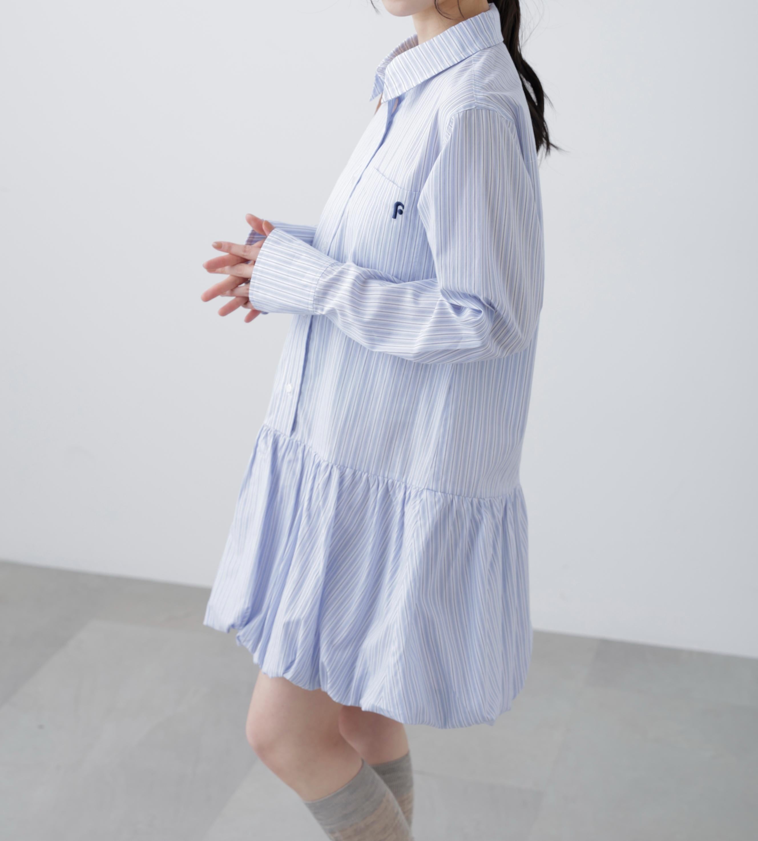 バルーンシャツミニワンピース ブルーストライプ1