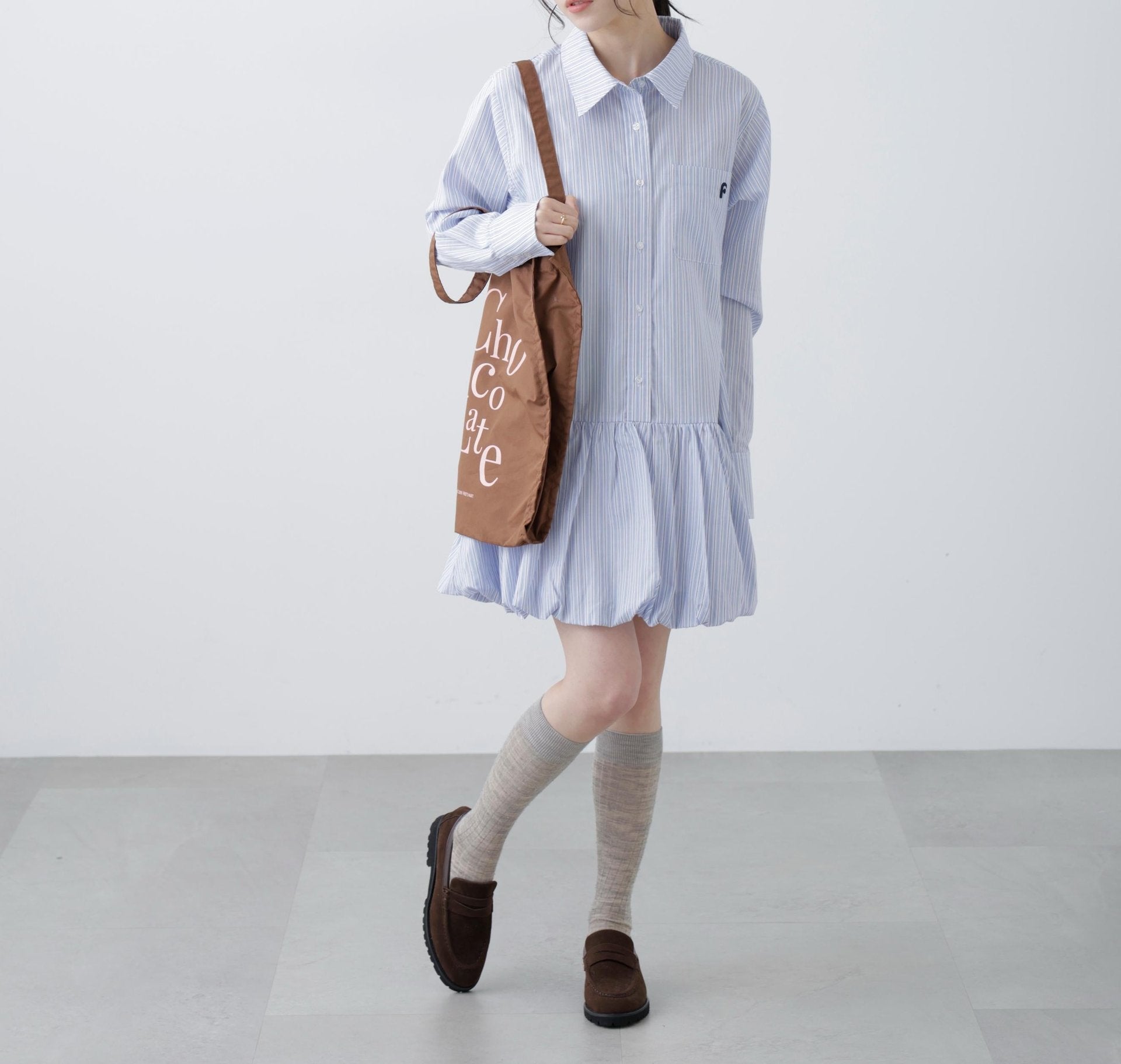 バルーンシャツミニワンピース ブルーストライプ1