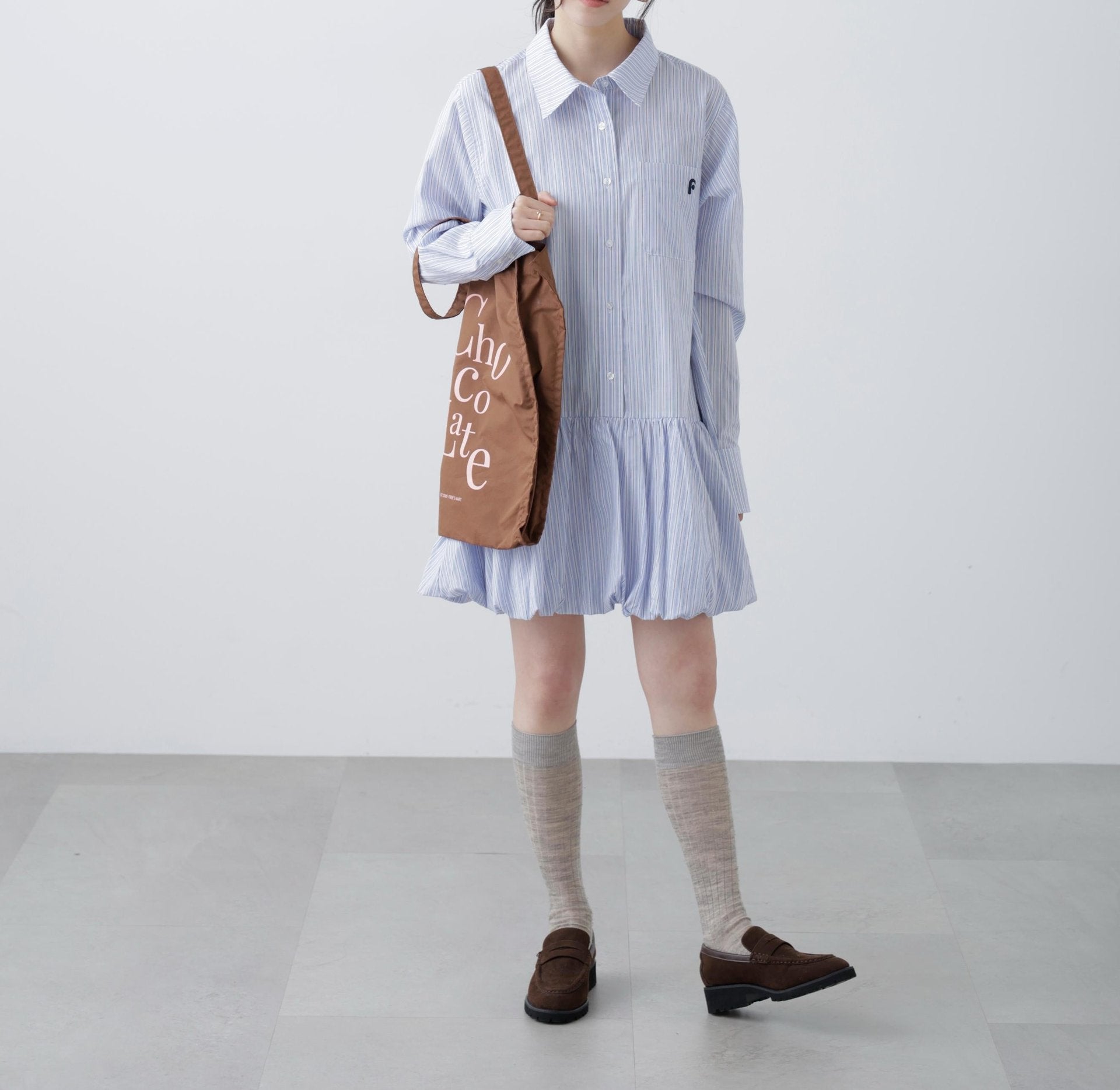 バルーンシャツミニワンピース ブルーストライプ1