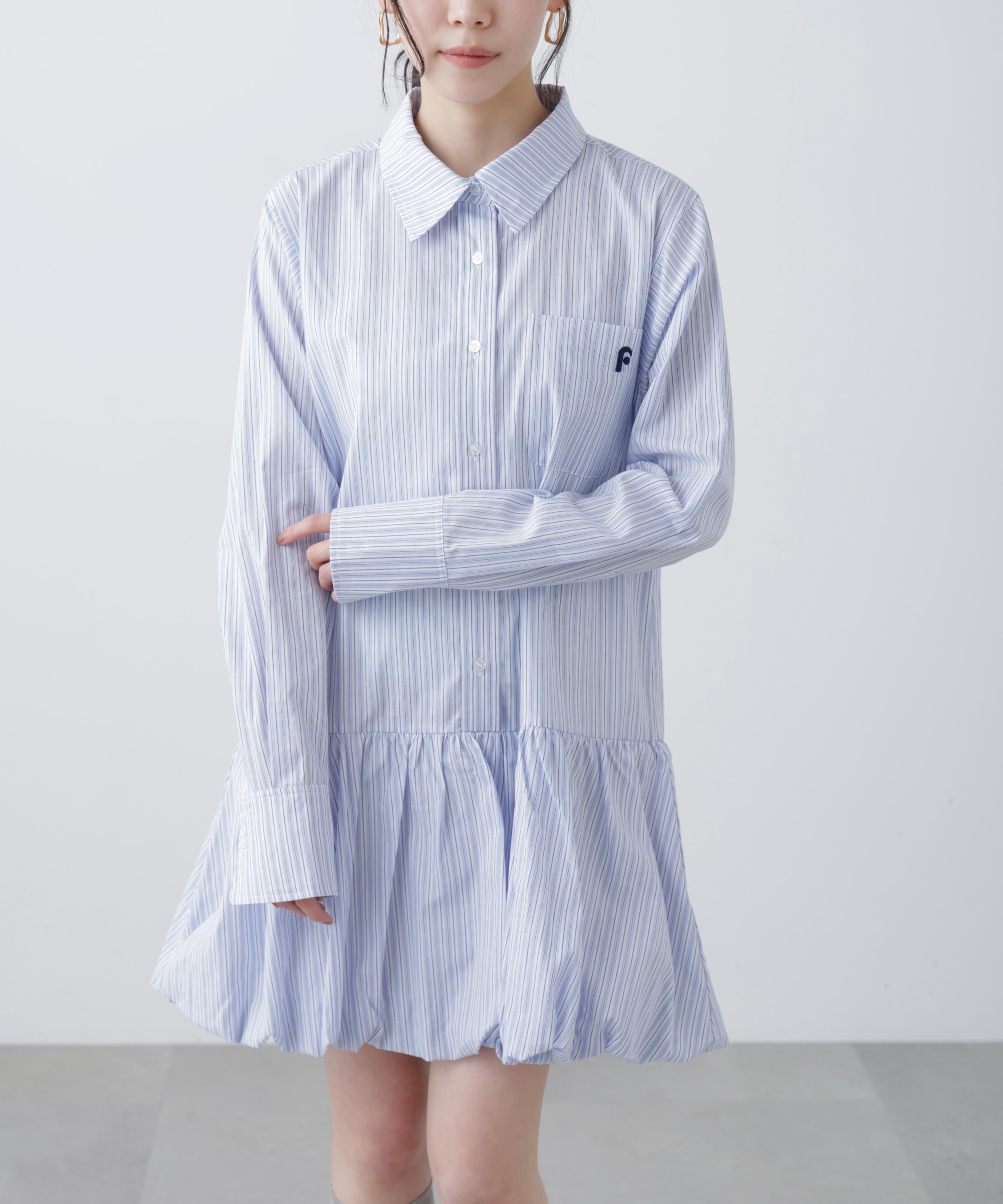 バルーンシャツミニワンピース ブルーストライプ1