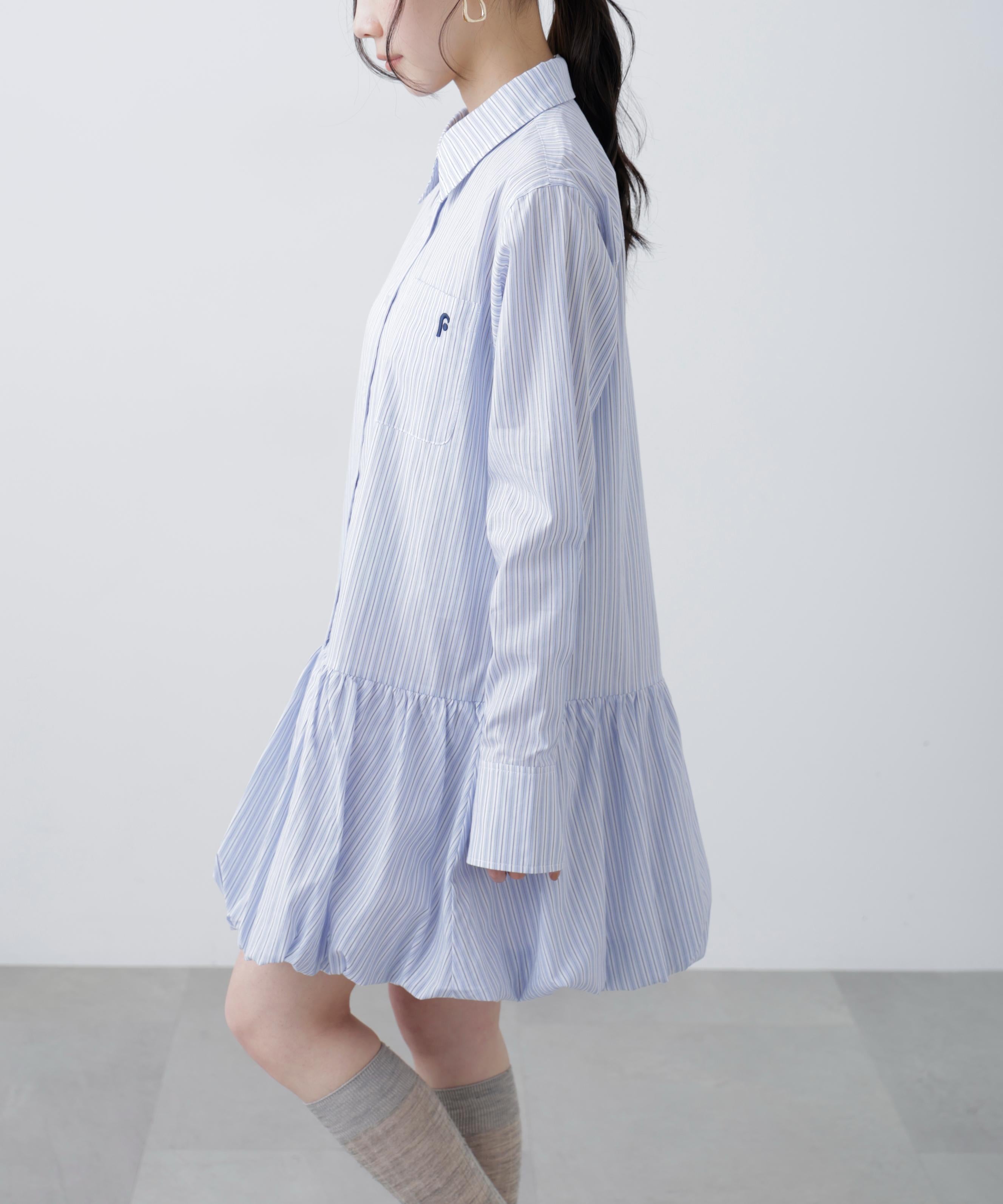 バルーンシャツミニワンピース ブルーストライプ1