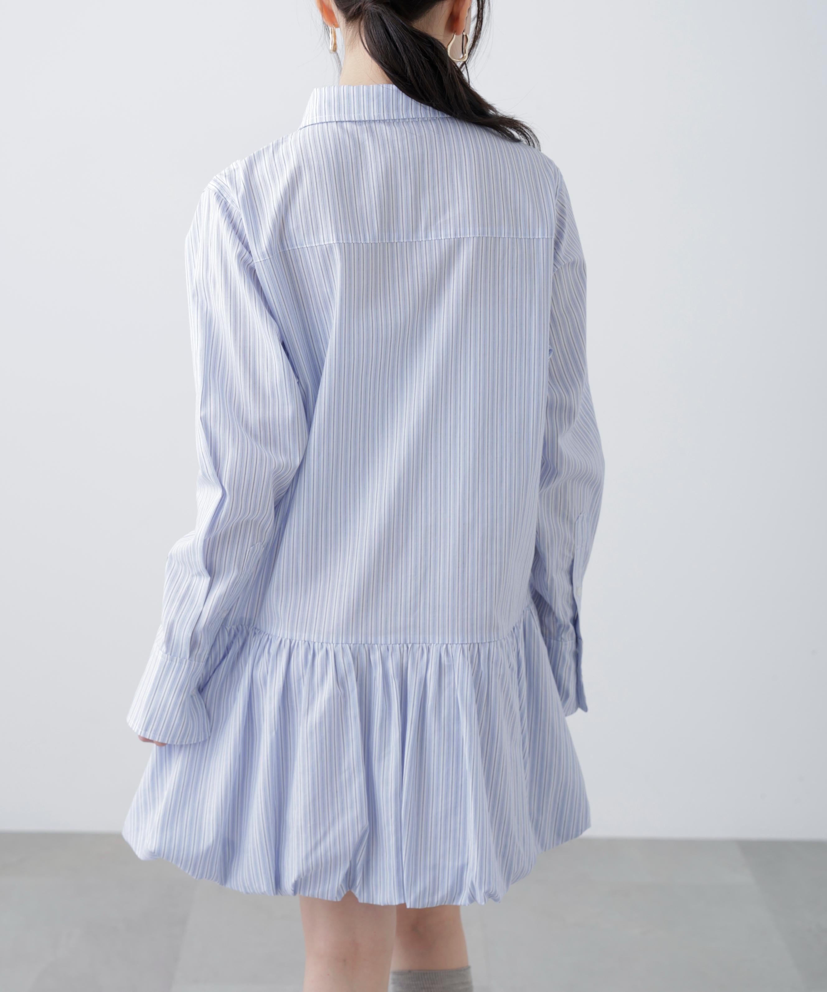 バルーンシャツミニワンピース ブルーストライプ1