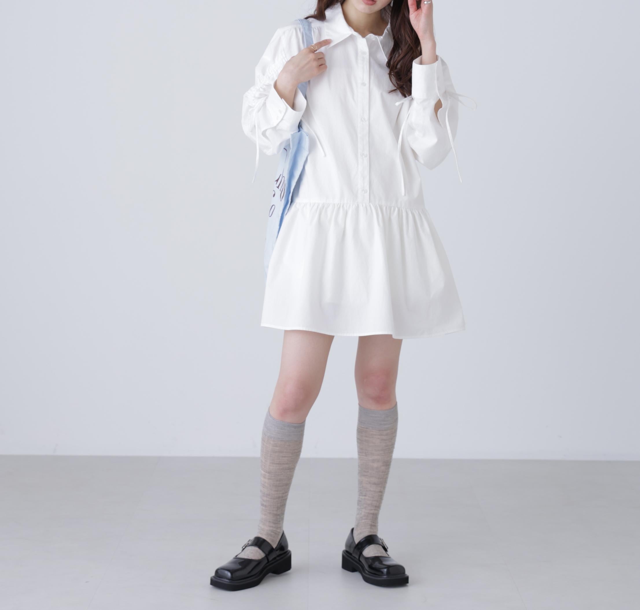 袖ドロストティアードシャツミニワンピース オフ