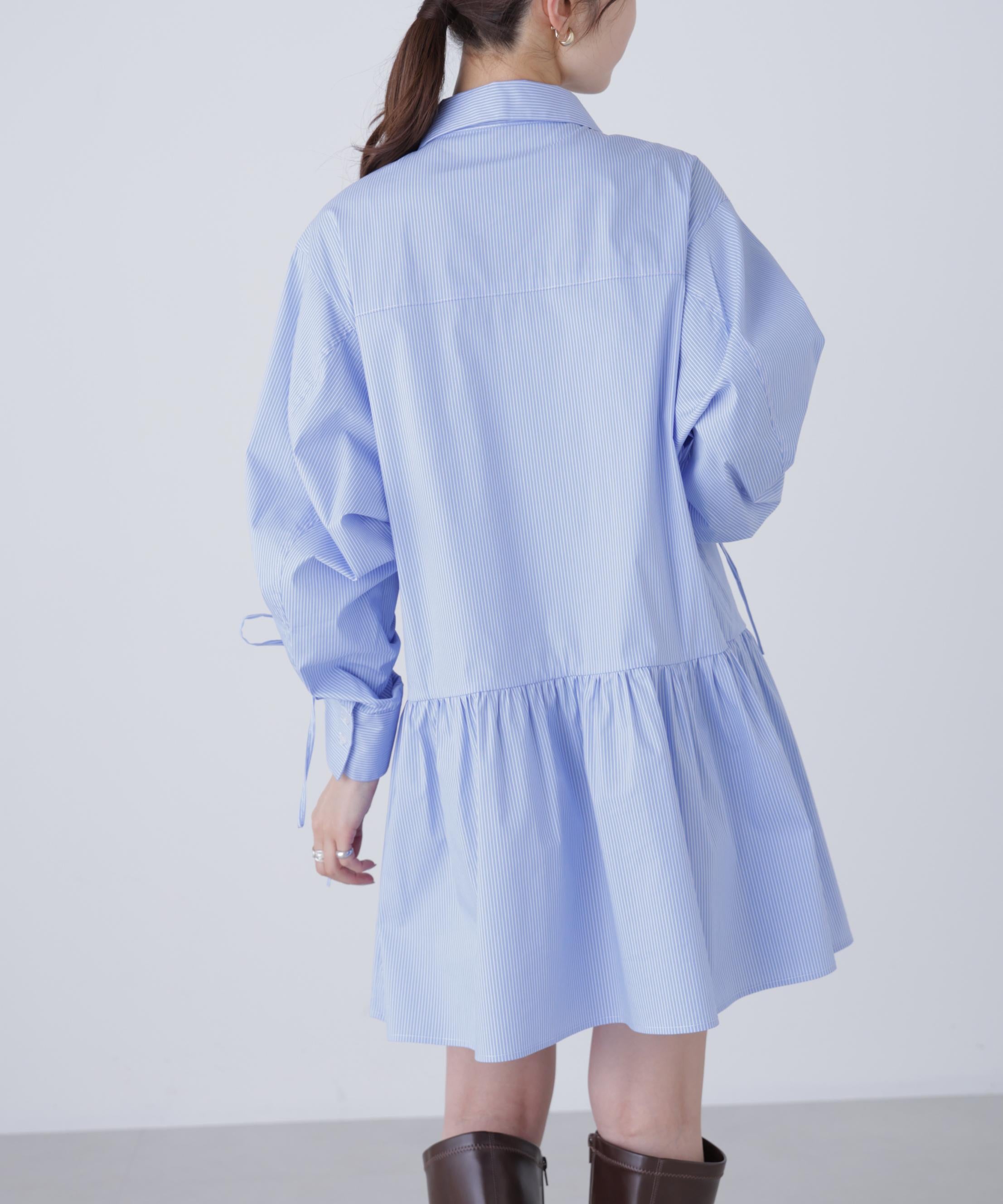 袖ドロストティアードシャツミニワンピース ブルーストライプ1