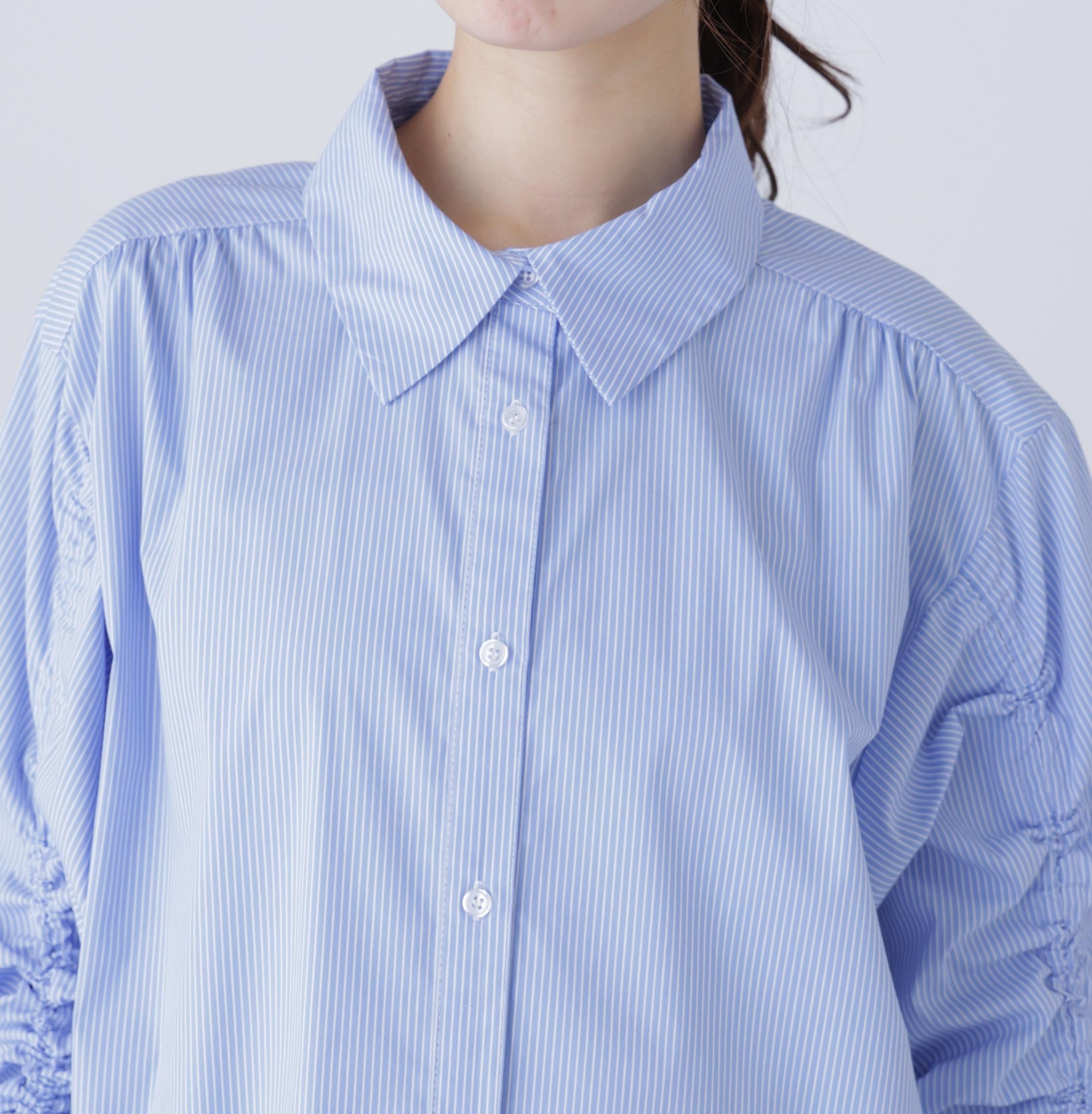 袖ドロストティアードシャツミニワンピース ブルーストライプ1