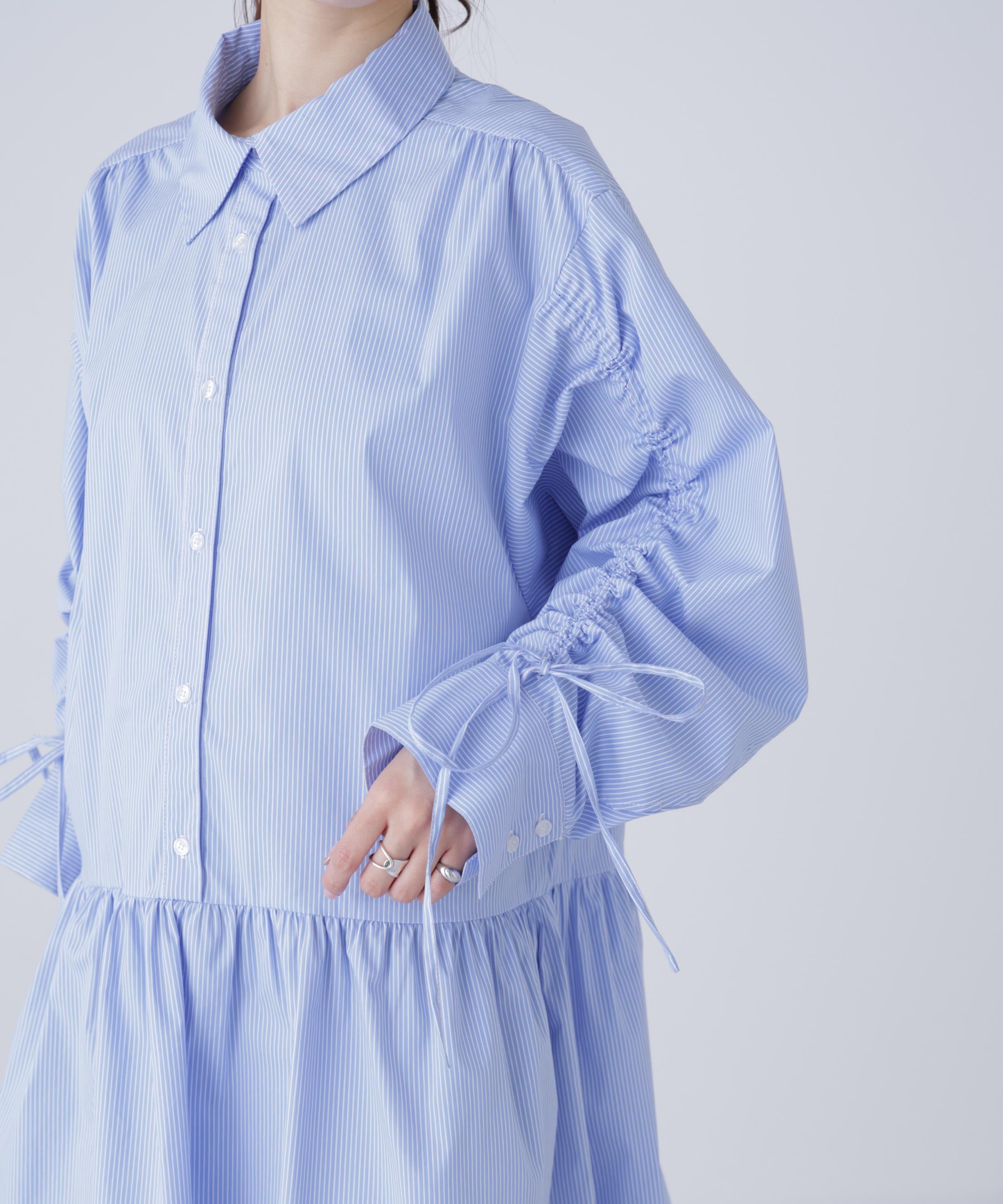 袖ドロストティアードシャツミニワンピース ブルーストライプ1