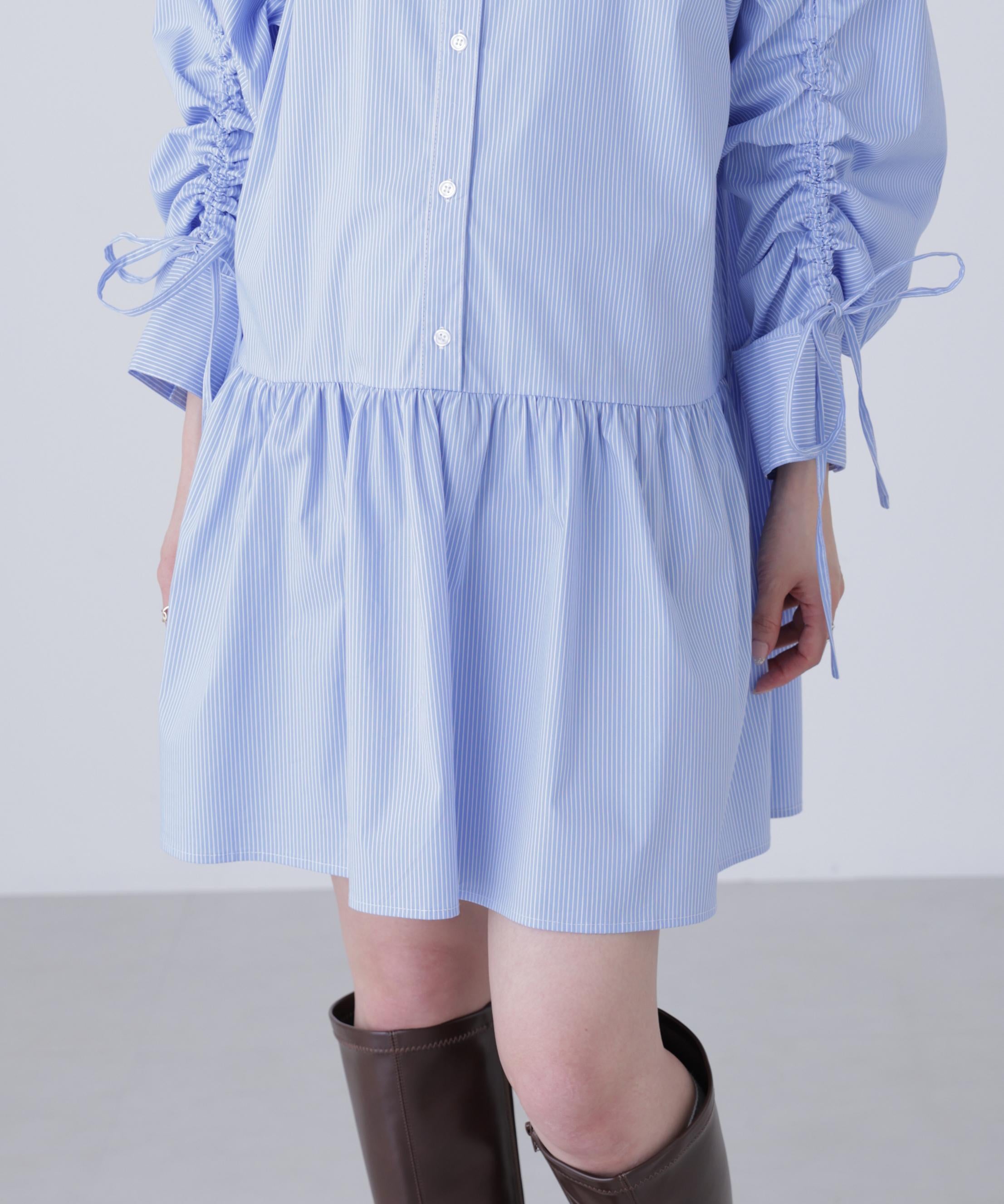 袖ドロストティアードシャツミニワンピース ブルーストライプ1