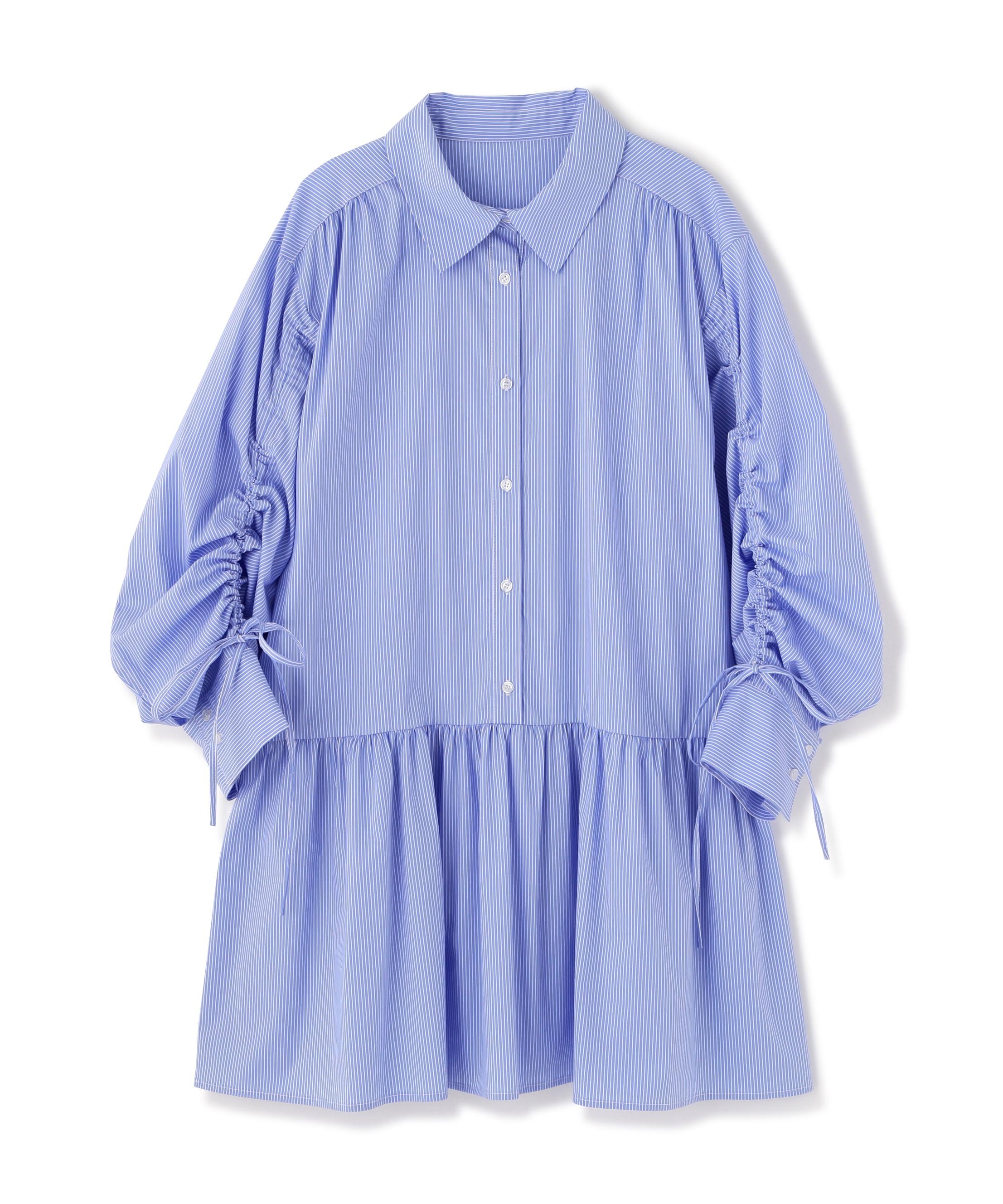 袖ドロストティアードシャツミニワンピース ブルーストライプ1