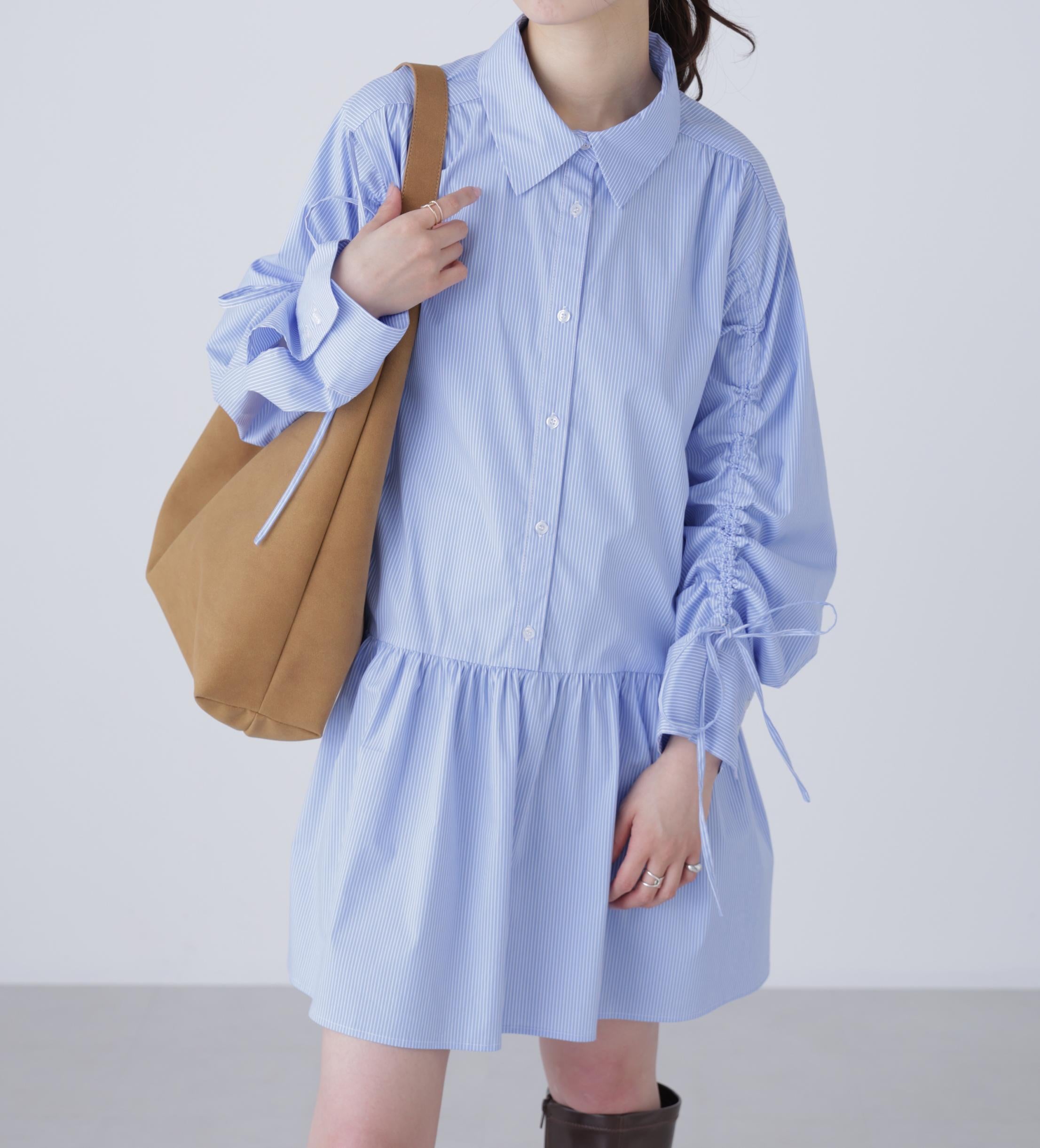 袖ドロストティアードシャツミニワンピース ブルーストライプ1