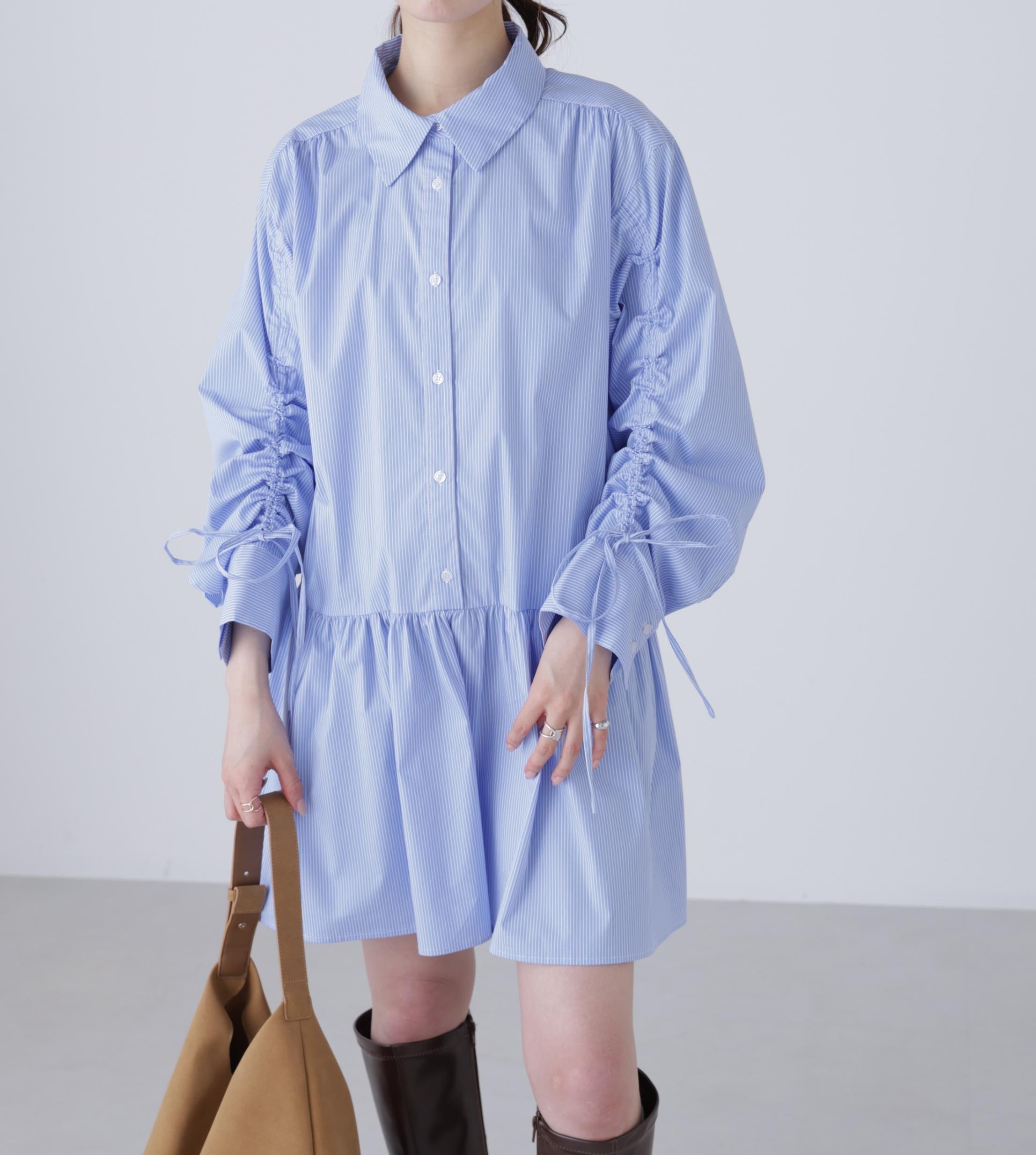 袖ドロストティアードシャツミニワンピース ブルーストライプ1