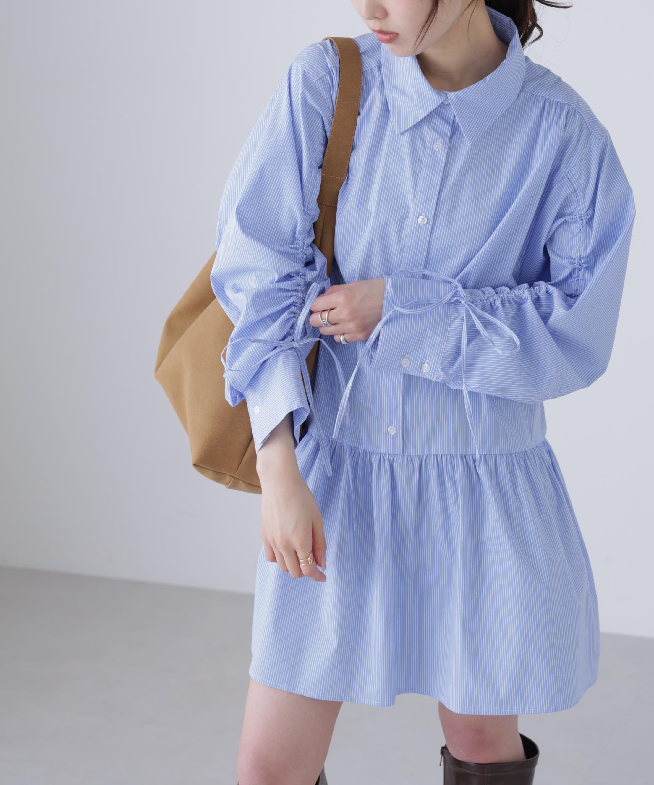 袖ドロストティアードシャツミニワンピース ブルーストライプ1