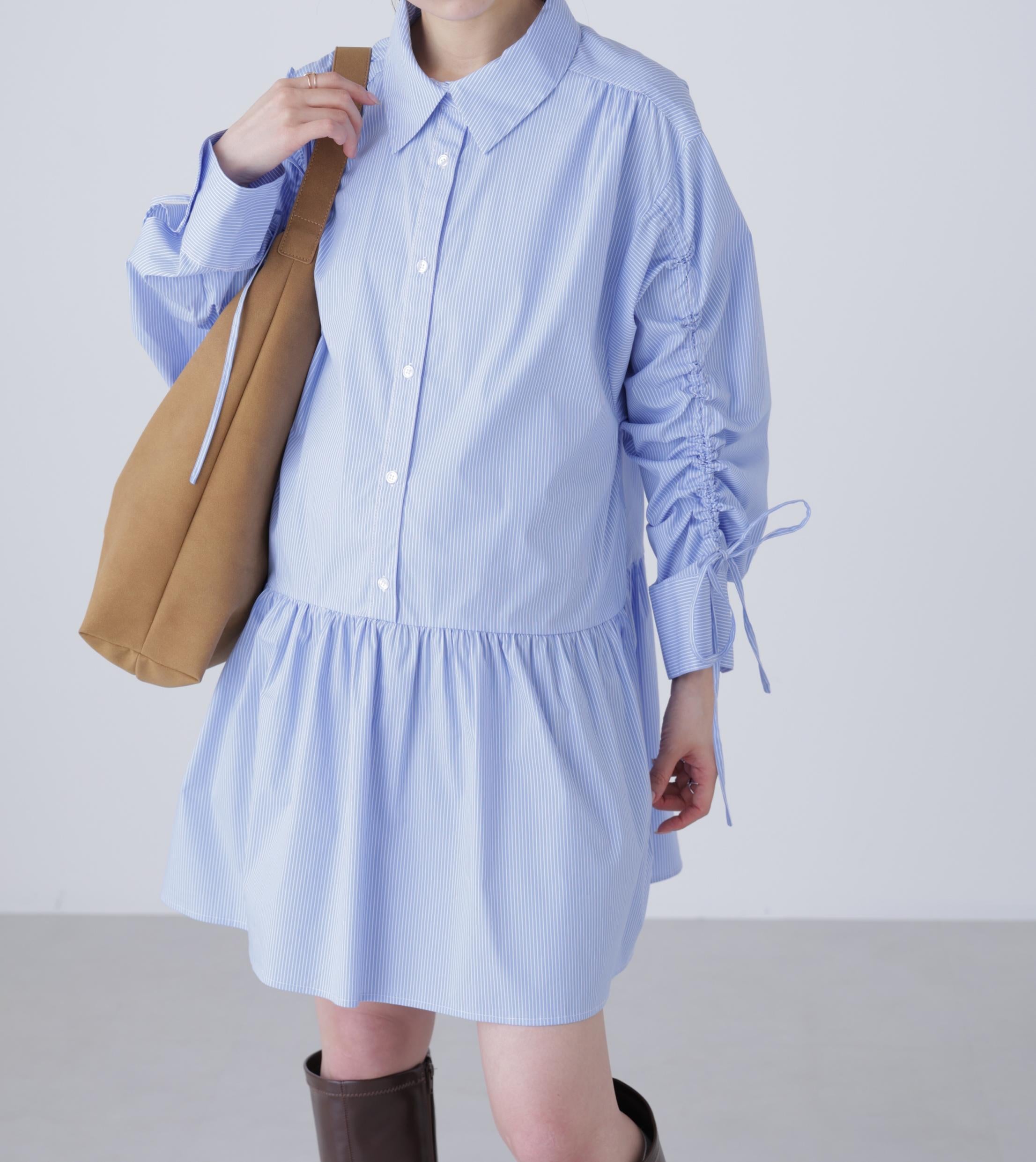 袖ドロストティアードシャツミニワンピース ブルーストライプ1